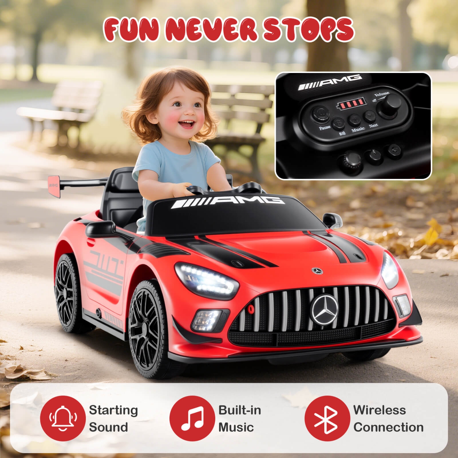 Costway Ride on Car Licensed Mercedes-AMG GT3 Kids Car with Remote Control 3 Speeds Black/Red/White