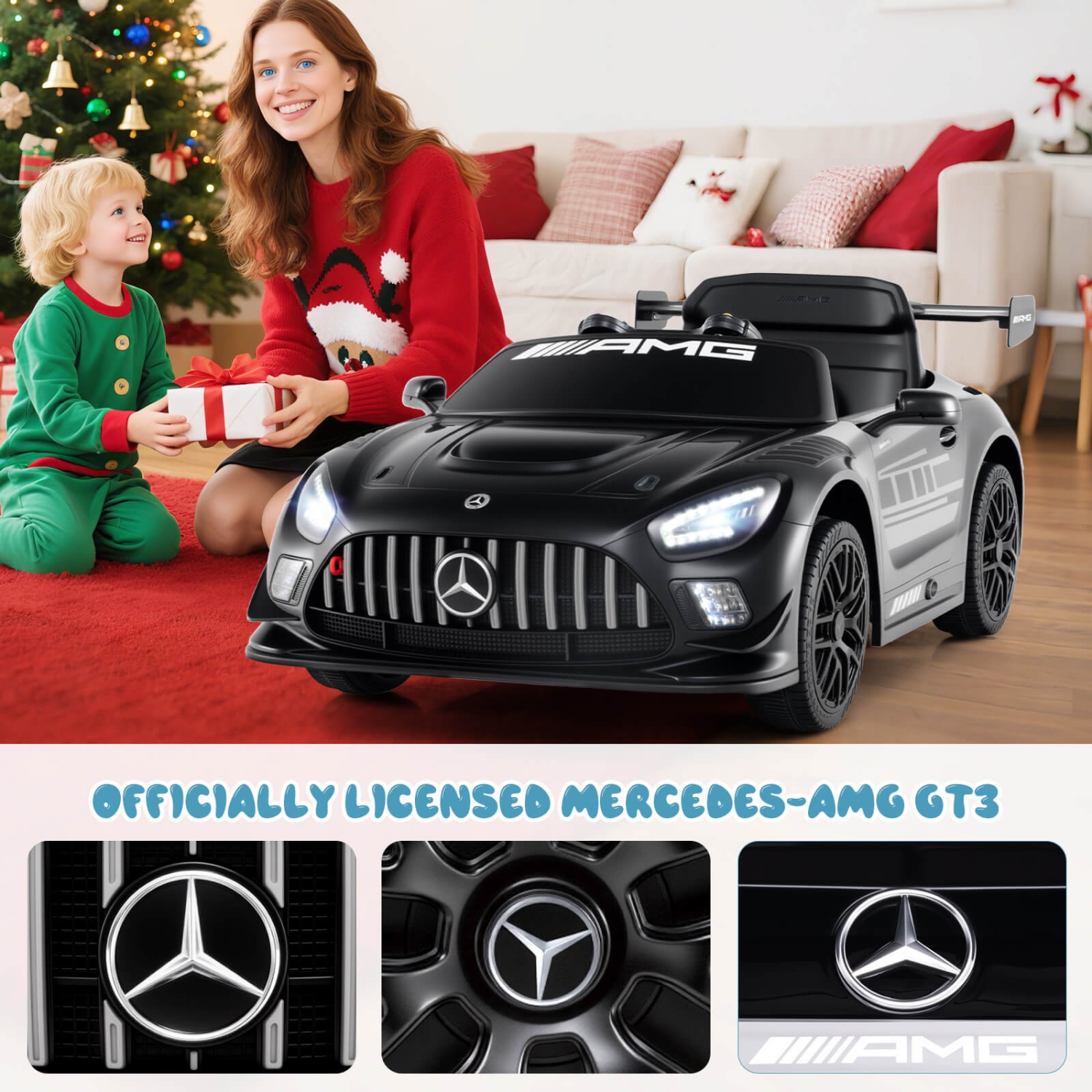 Costway Ride on Car Licensed Mercedes-AMG GT3 Kids Car with Remote Control 3 Speeds Black/Red/White
