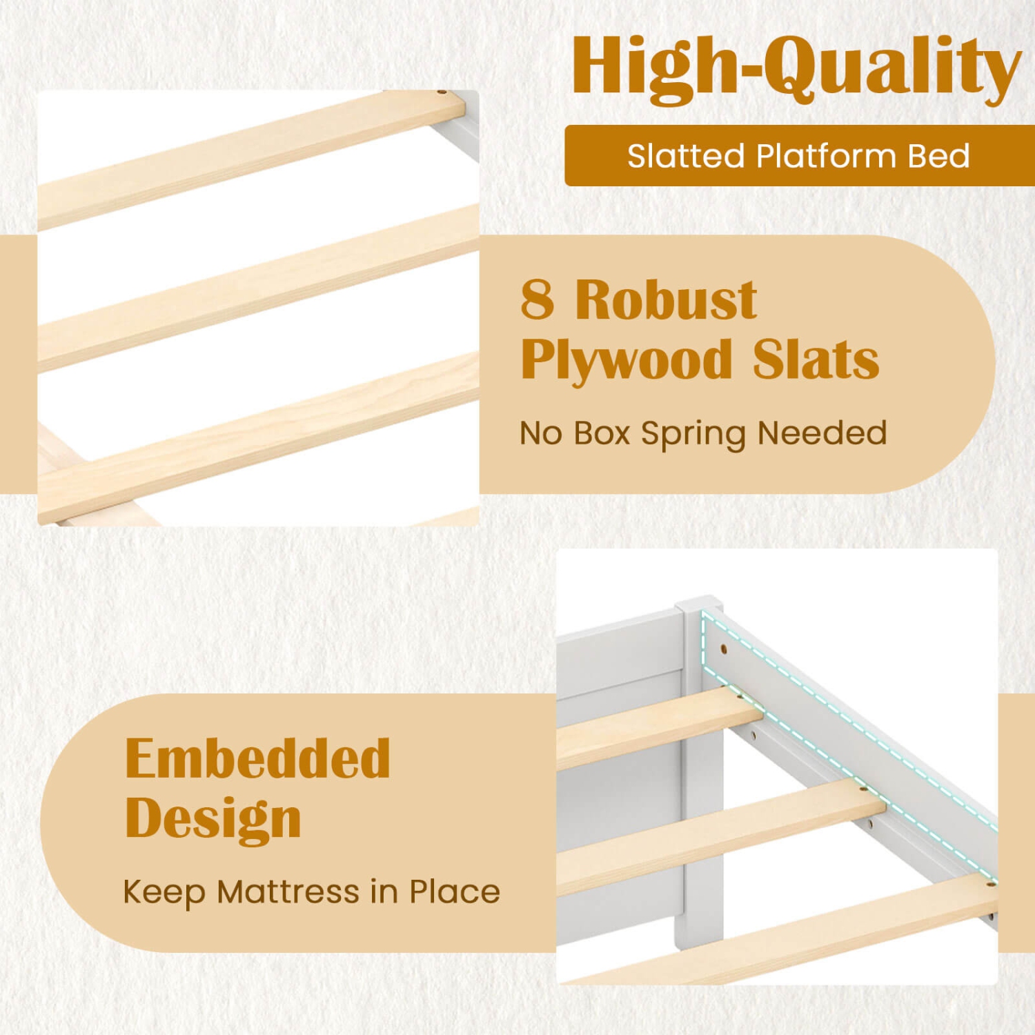 Lit plateforme en bois deux places/grand format de Costway avec 2 tiroirs de rangement sur roulettes Support de lattes en bois naturel/blanc