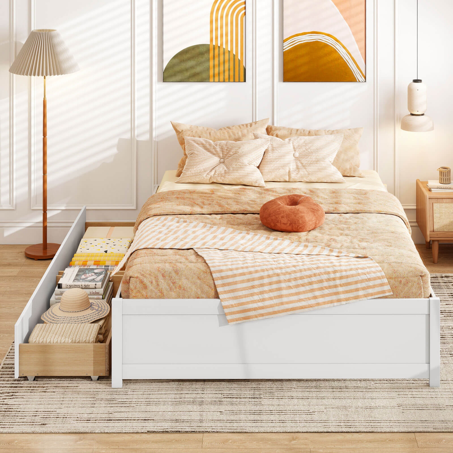 Lit plateforme en bois deux places/grand format de Costway avec 2 tiroirs de rangement sur roulettes Support de lattes en bois naturel/blanc