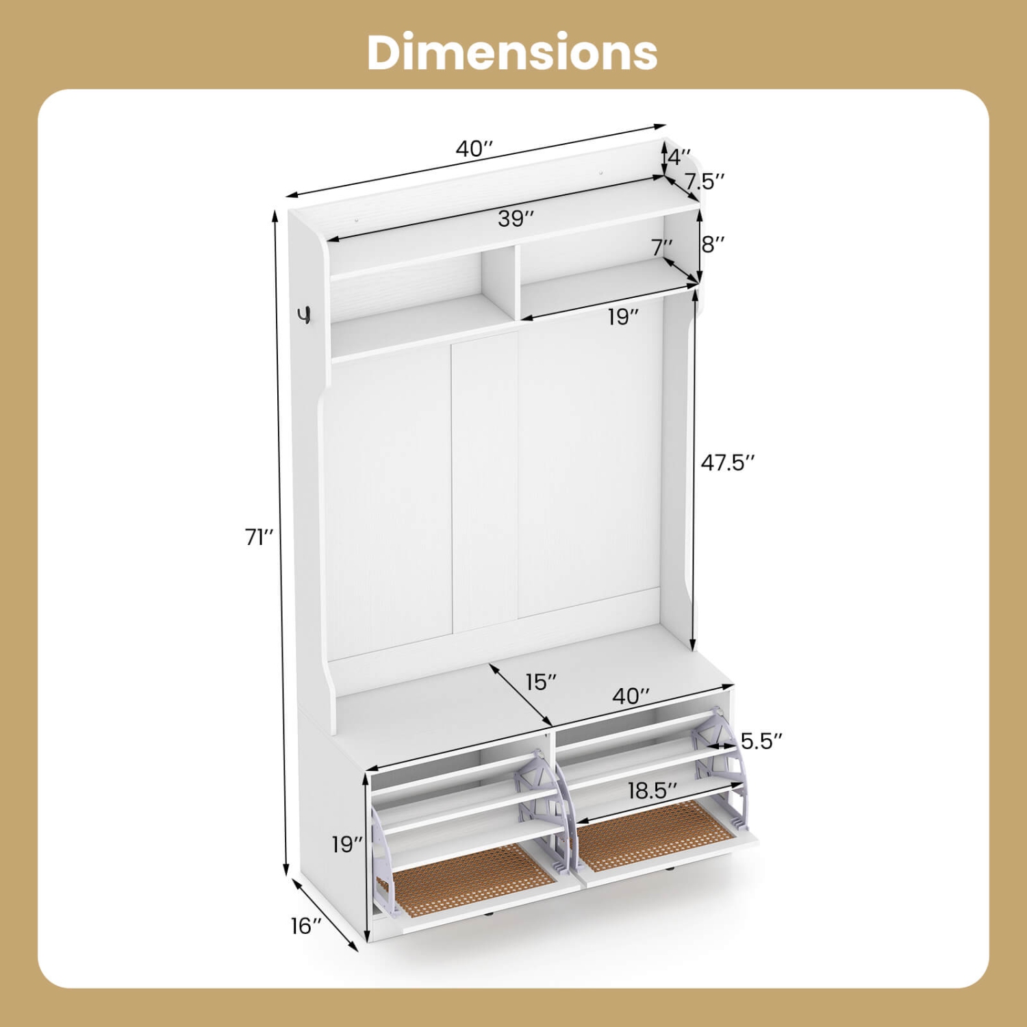 Costway 4-In-1 Hall Tree Entryway Bench with Coat Rack & Flip Drawers 6 Dual-Hook Hangers Black/White/Natural