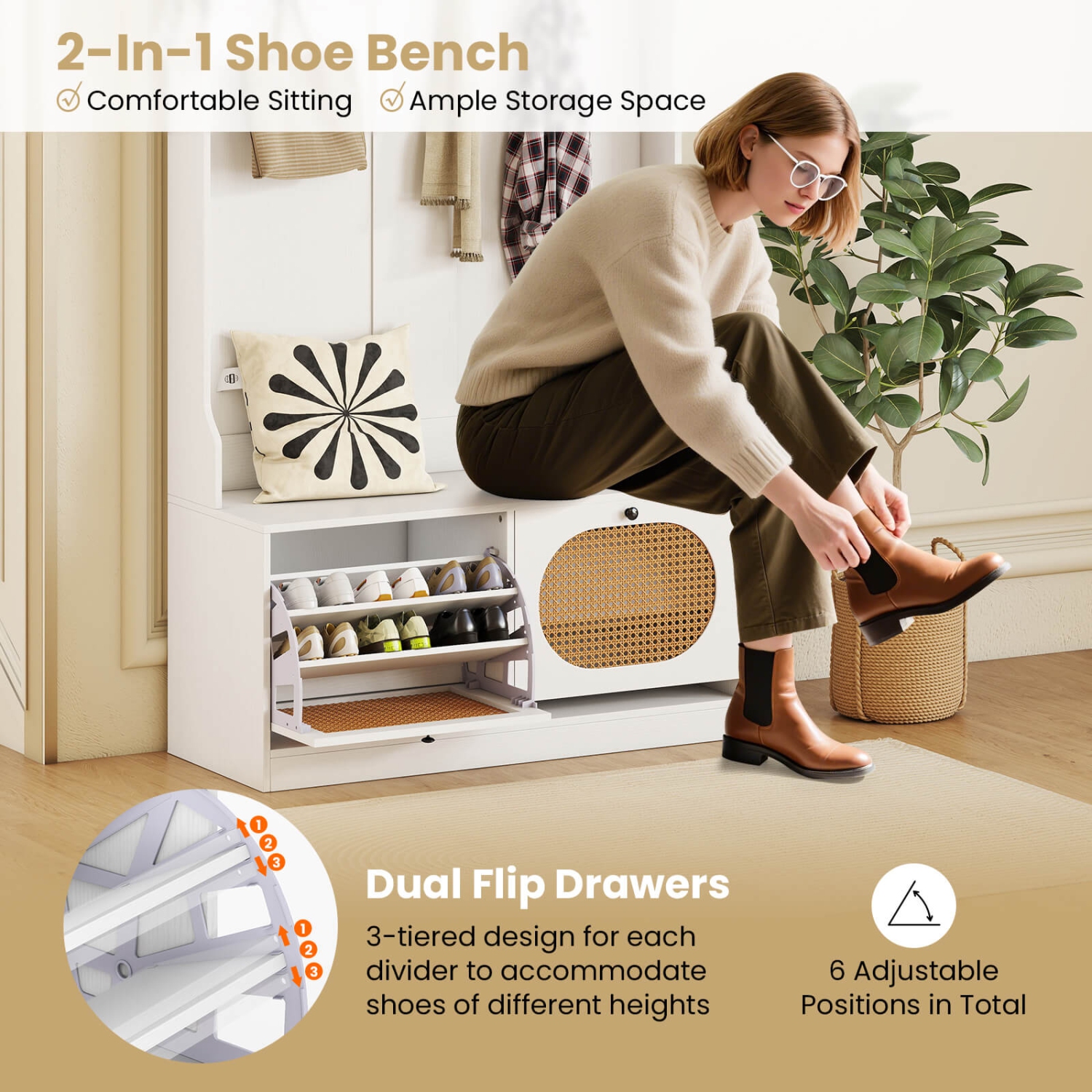 Costway 4-In-1 Hall Tree Entryway Bench with Coat Rack & Flip Drawers 6 Dual-Hook Hangers Black/White/Natural