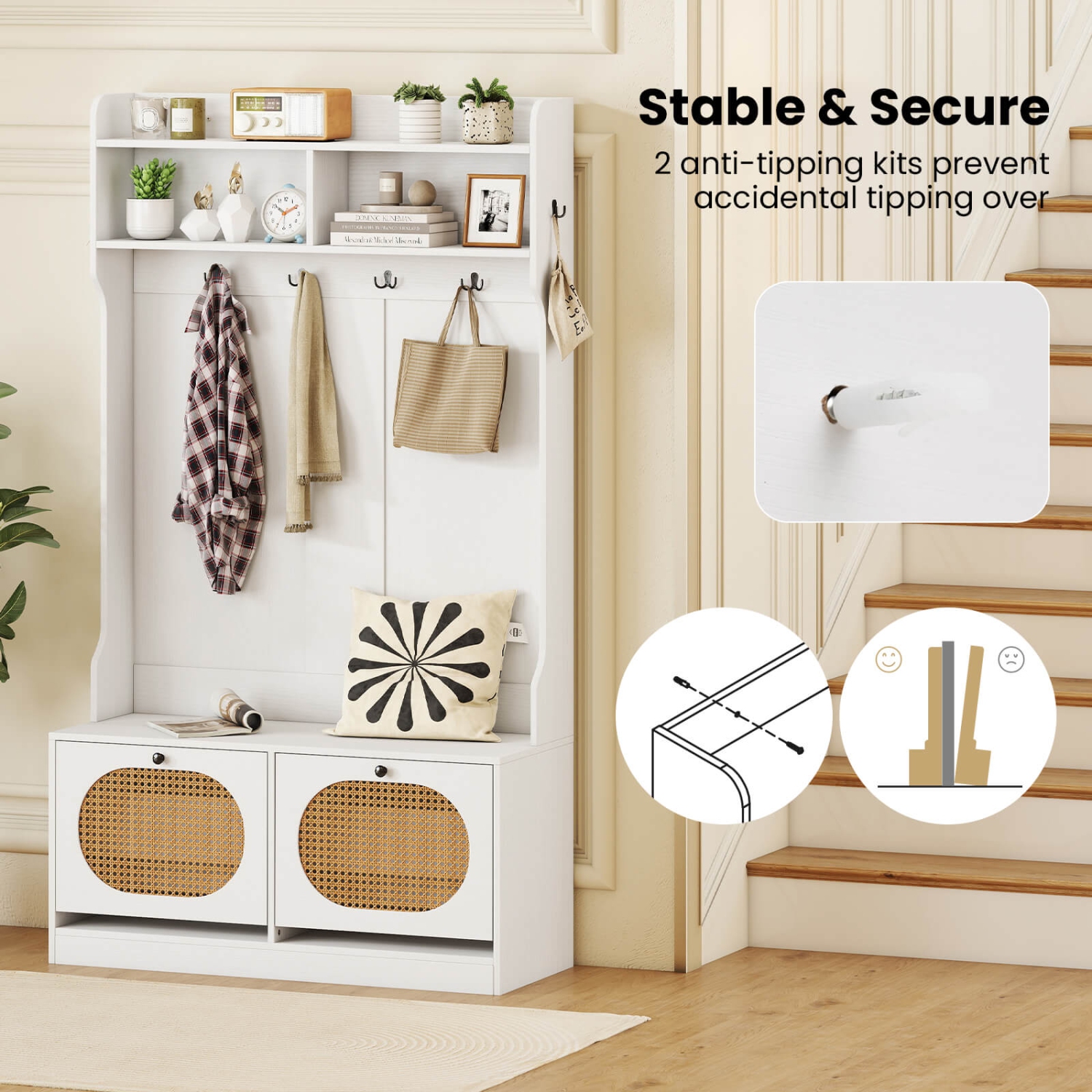 Costway 4-In-1 Hall Tree Entryway Bench with Coat Rack & Flip Drawers 6 Dual-Hook Hangers Black/White/Natural