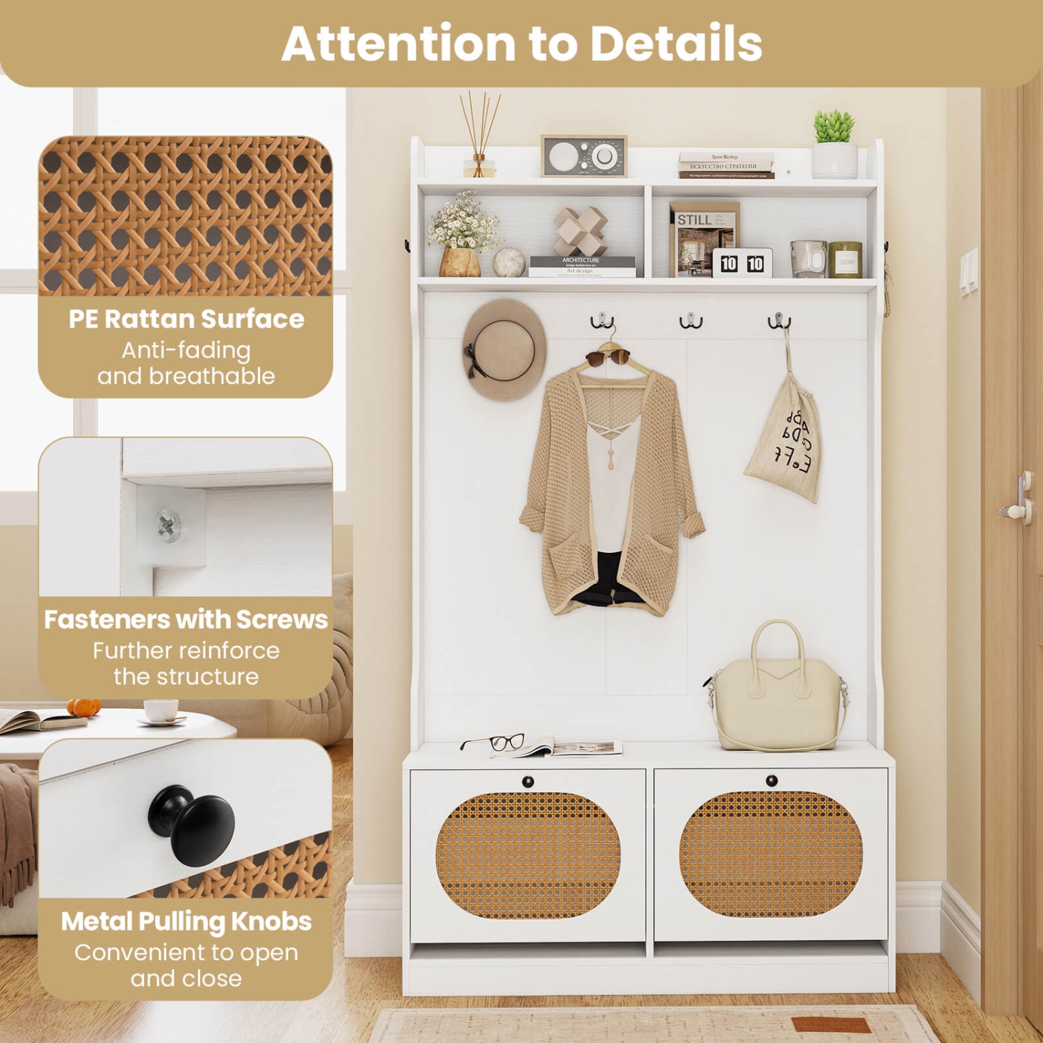 Costway 4-In-1 Hall Tree Entryway Bench with Coat Rack & Flip Drawers 6 Dual-Hook Hangers Black/White/Natural