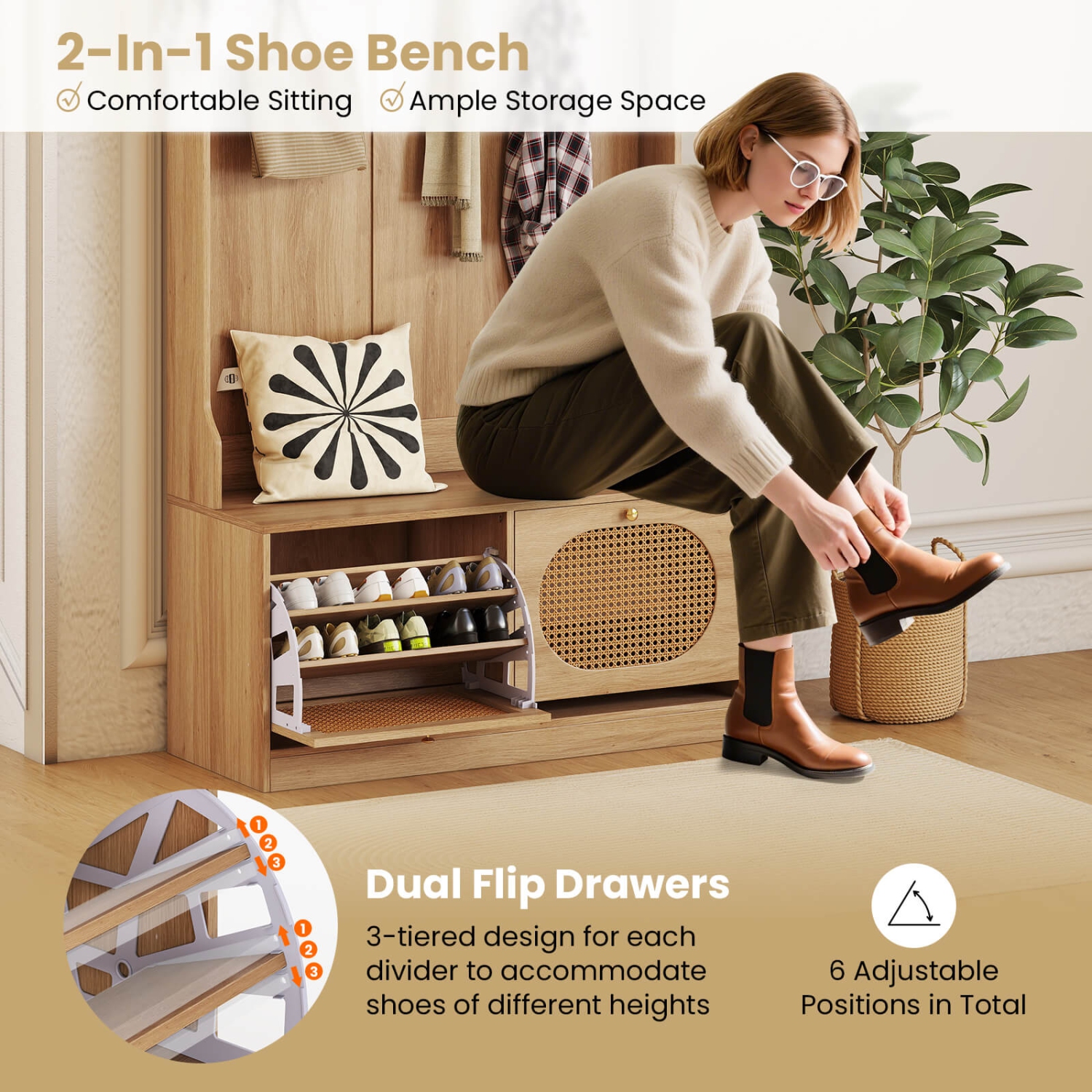 Costway 4-In-1 Hall Tree Entryway Bench with Coat Rack & Flip Drawers 6 Dual-Hook Hangers Black/White/Natural