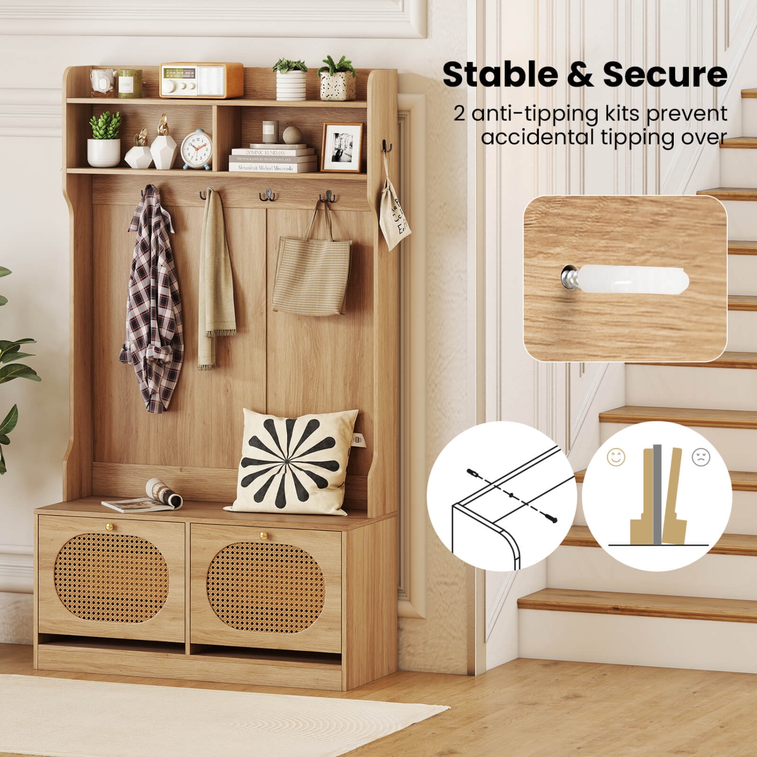 Costway 4-In-1 Hall Tree Entryway Bench with Coat Rack & Flip Drawers 6 Dual-Hook Hangers Black/White/Natural