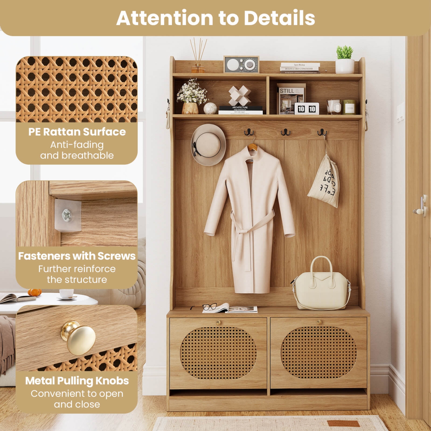 Costway 4-In-1 Hall Tree Entryway Bench with Coat Rack & Flip Drawers 6 Dual-Hook Hangers Black/White/Natural