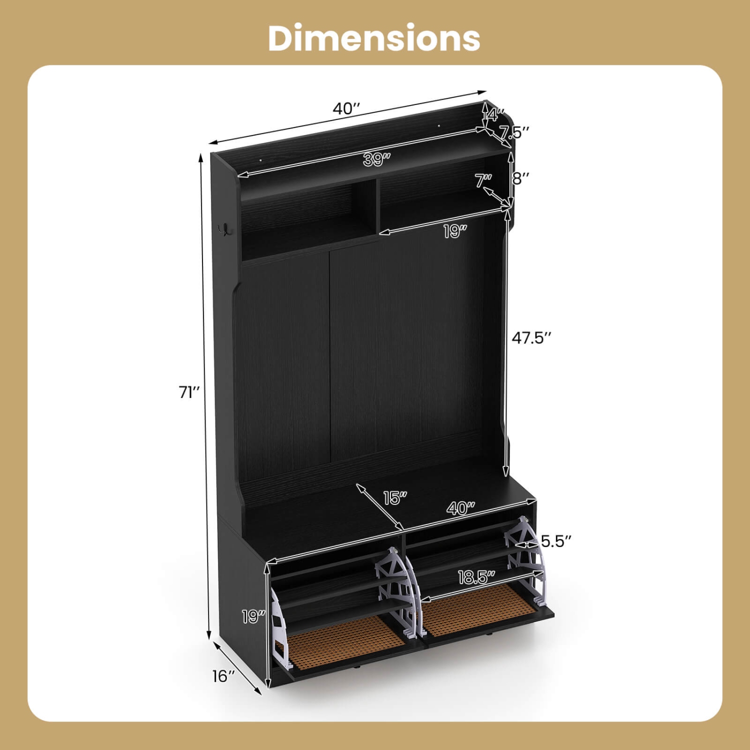 Costway 4-In-1 Hall Tree Entryway Bench with Coat Rack & Flip Drawers 6 Dual-Hook Hangers Black/White/Natural