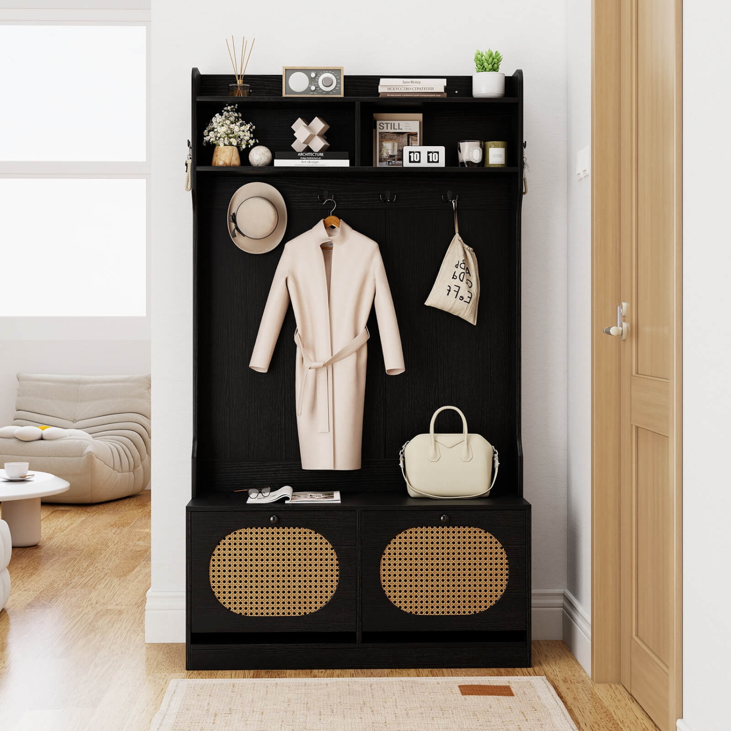 Costway 4-In-1 Hall Tree Entryway Bench with Coat Rack & Flip Drawers 6 Dual-Hook Hangers Black/White/Natural