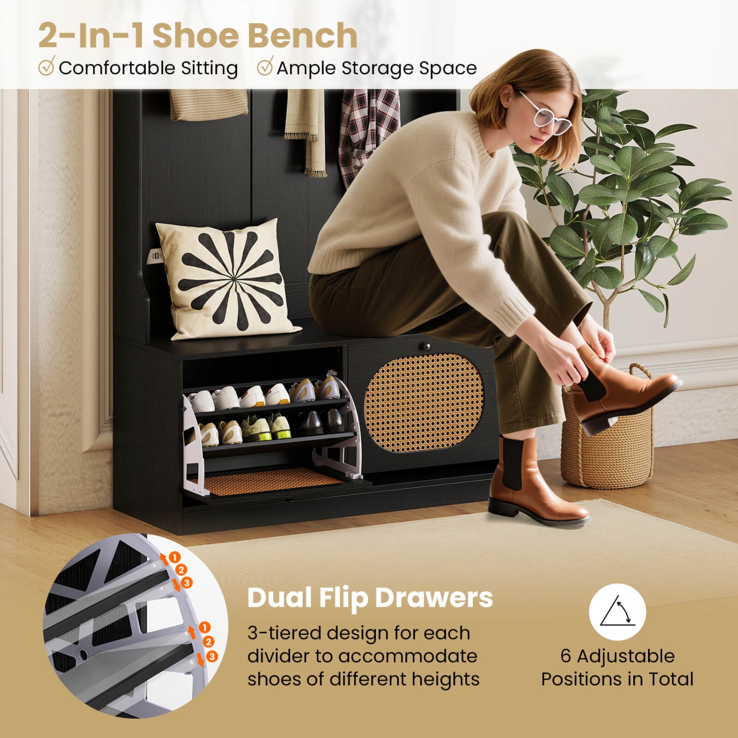 Costway 4-In-1 Hall Tree Entryway Bench with Coat Rack & Flip Drawers 6 Dual-Hook Hangers Black/White/Natural