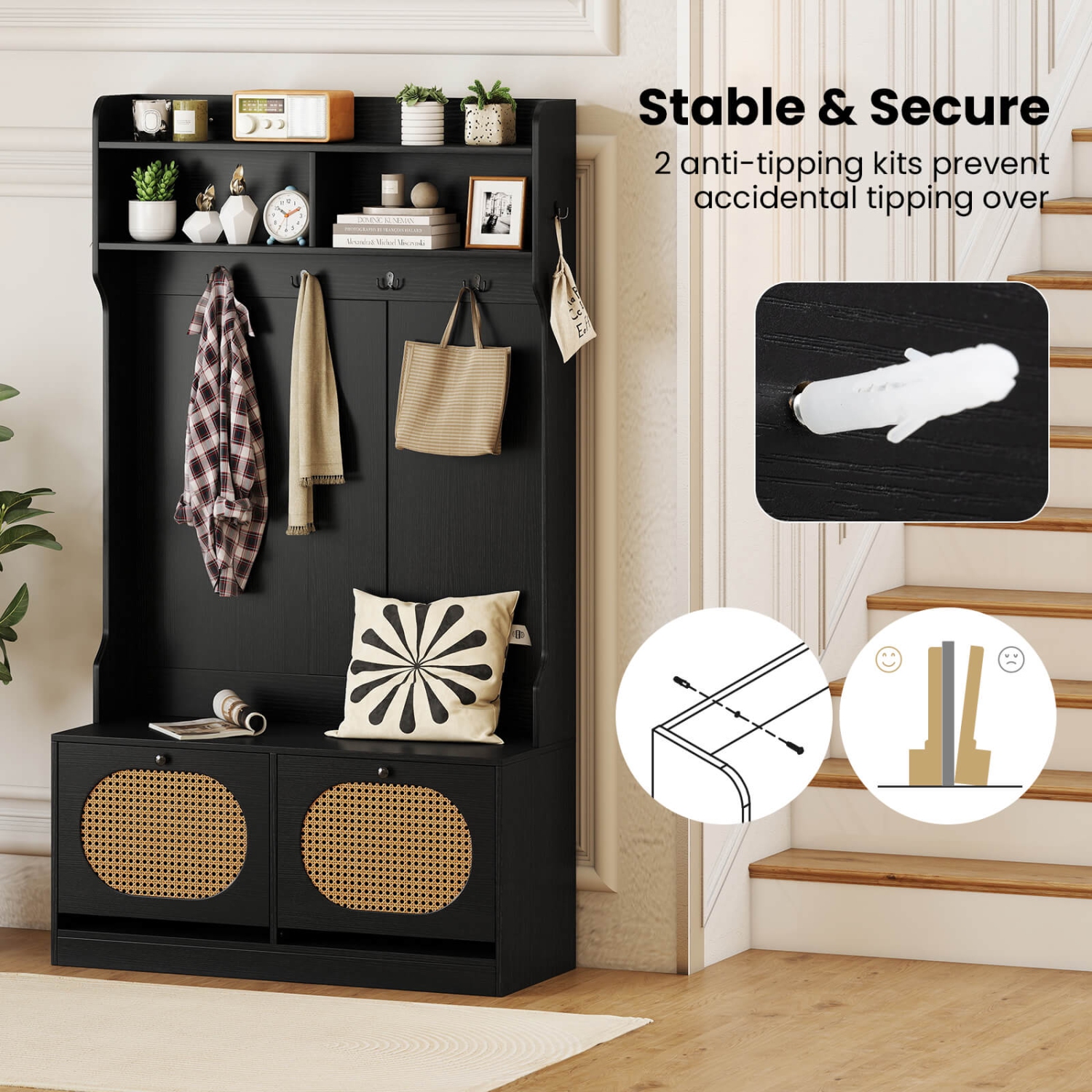 Costway 4-In-1 Hall Tree Entryway Bench with Coat Rack & Flip Drawers 6 Dual-Hook Hangers Black/White/Natural