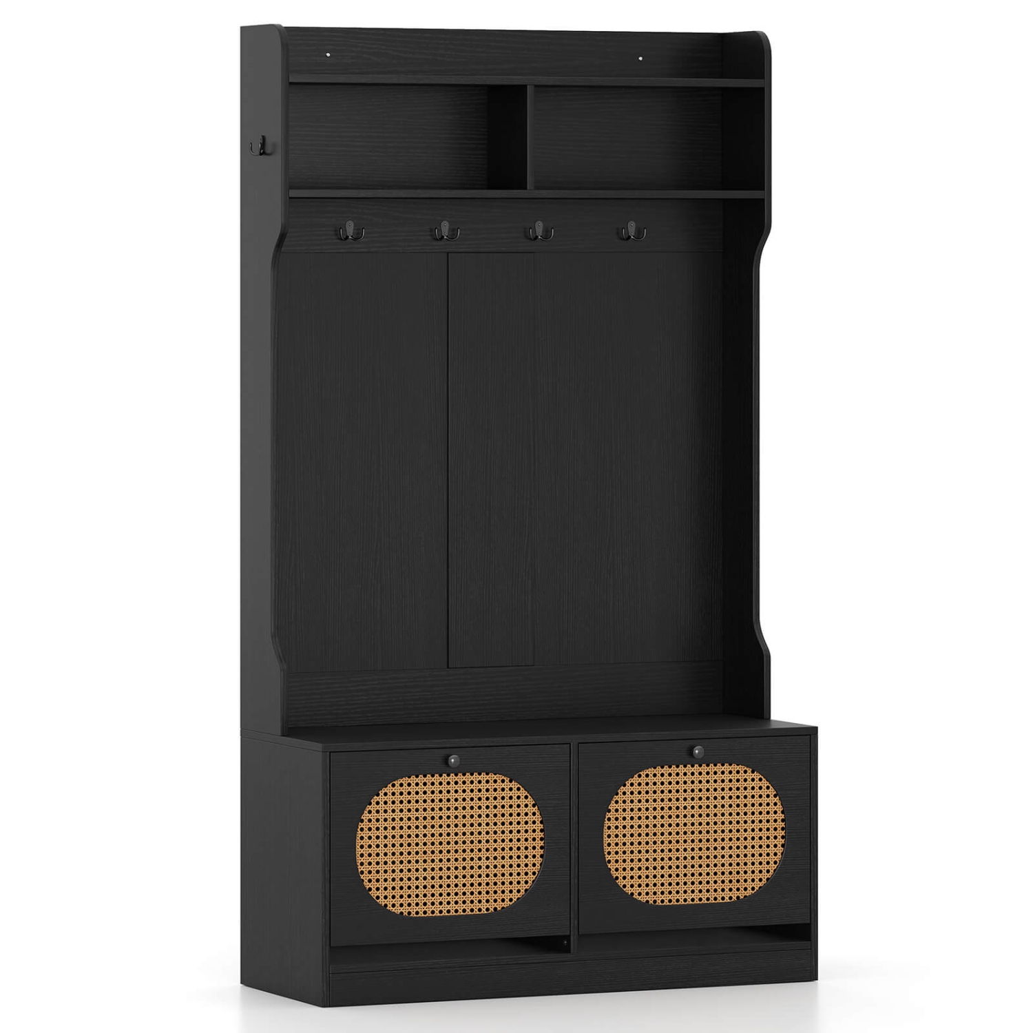 Costway 4-In-1 Hall Tree Entryway Bench with Coat Rack & Flip Drawers 6 Dual-Hook Hangers Black/White/Natural