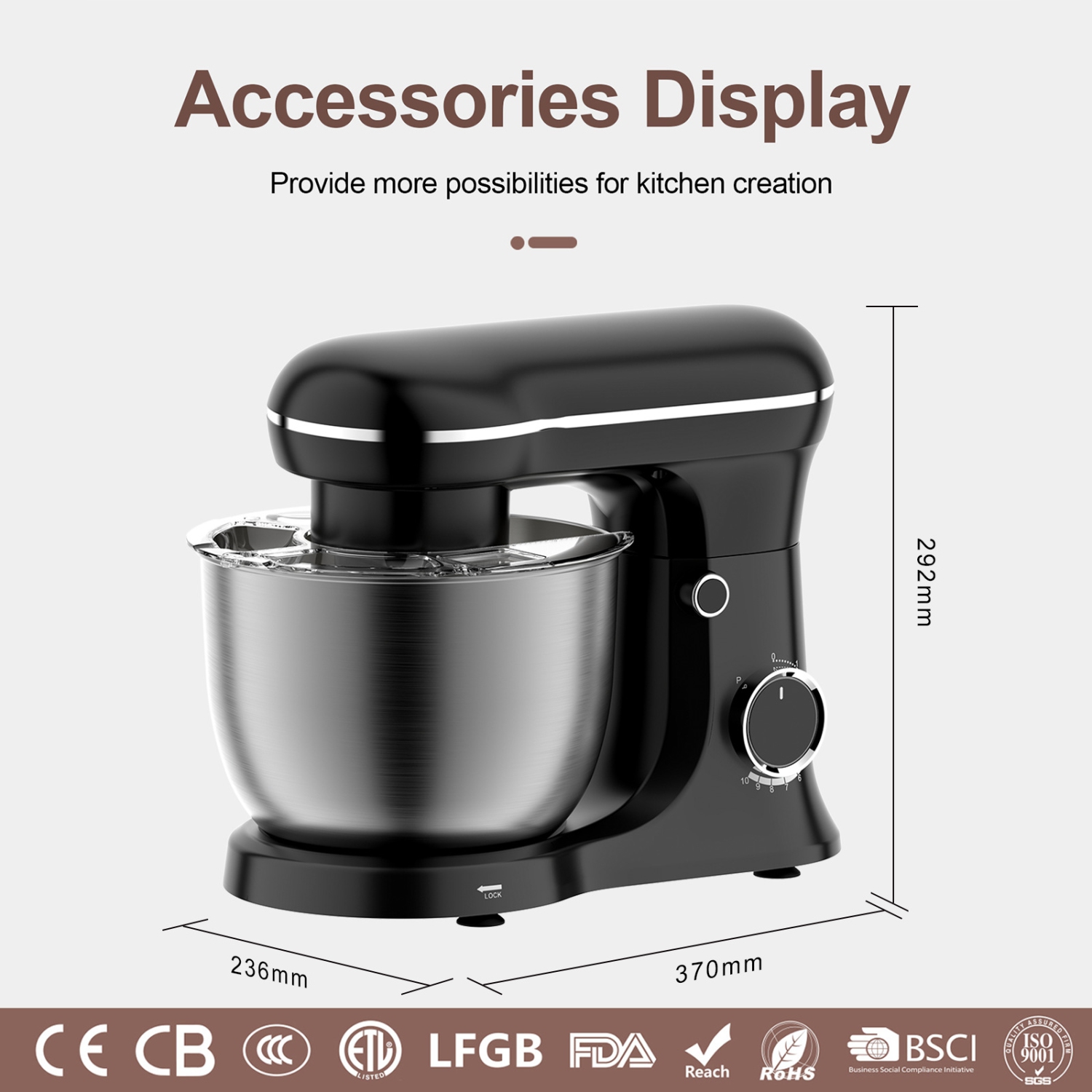 5L Chef Machine 1500W Dough Mixer Electric Mixer Cream Whisk Dough Kneader Bass Noise Reduction - White