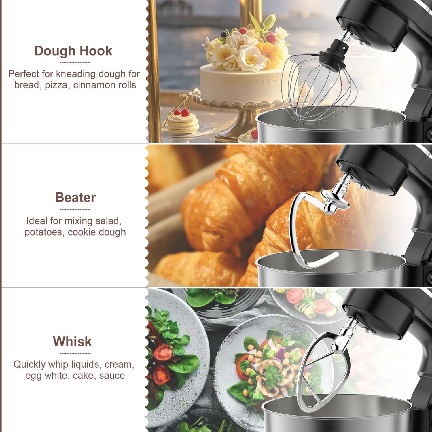 5L Chef Machine 1500W Dough Mixer Electric Mixer Cream Whisk Dough Kneader Bass Noise Reduction - Black