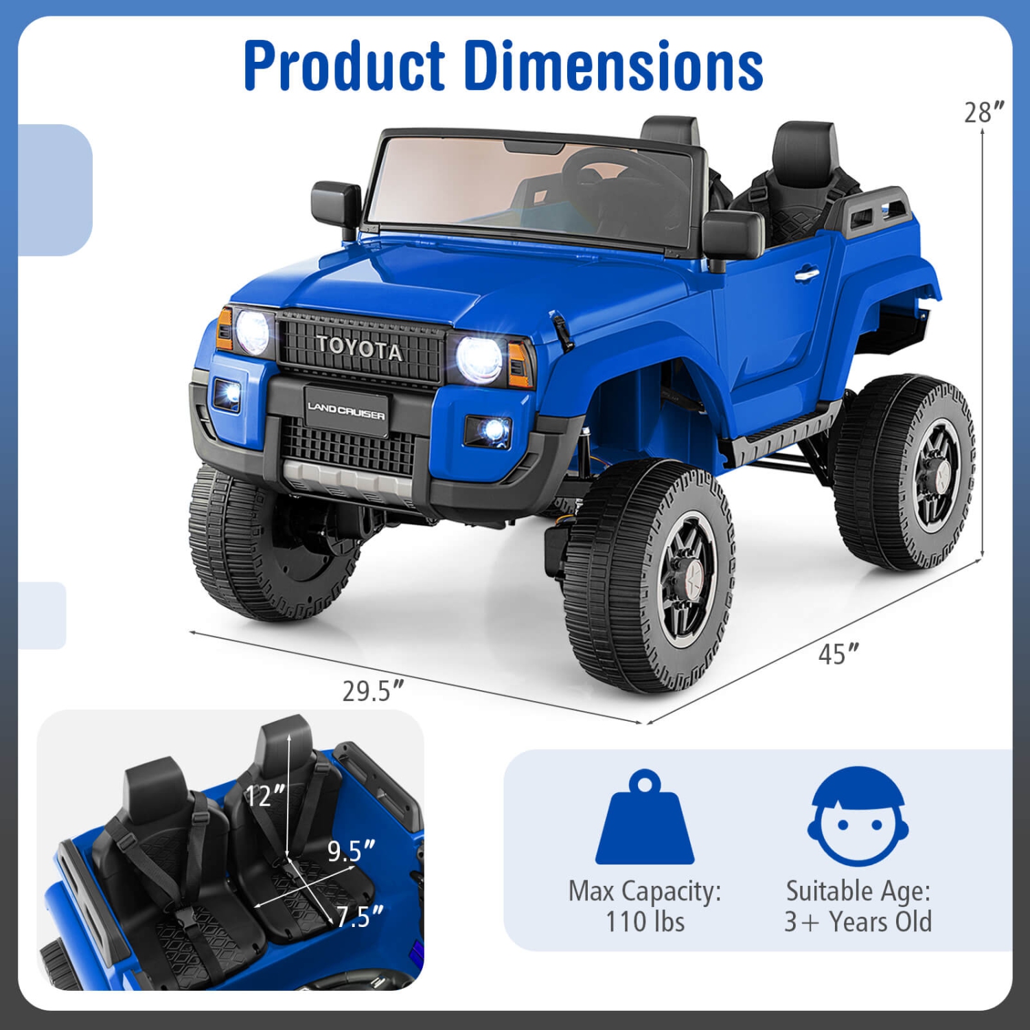 Costway 24V 2 Seater Ride on Car for Kids Licensed Toyota LC250 Ride on Truck with Remote Black/Gray/Navy/Pink/Red