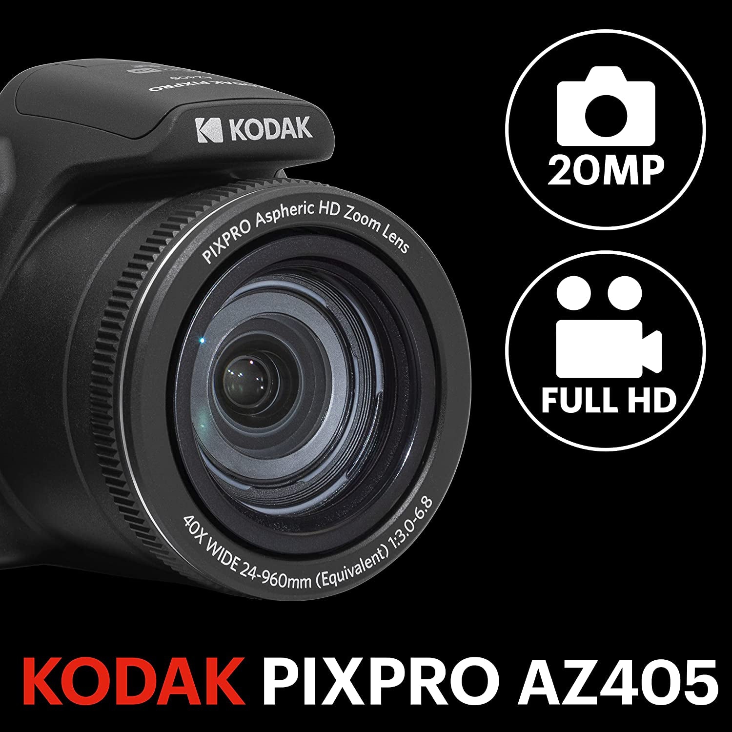 Refurbished - Kodak Pixpro AZ405 Astro Zoom 20MP Digital Camera with 40x Optical Zoom, 24mm Wide Angle Lens, and more - Black