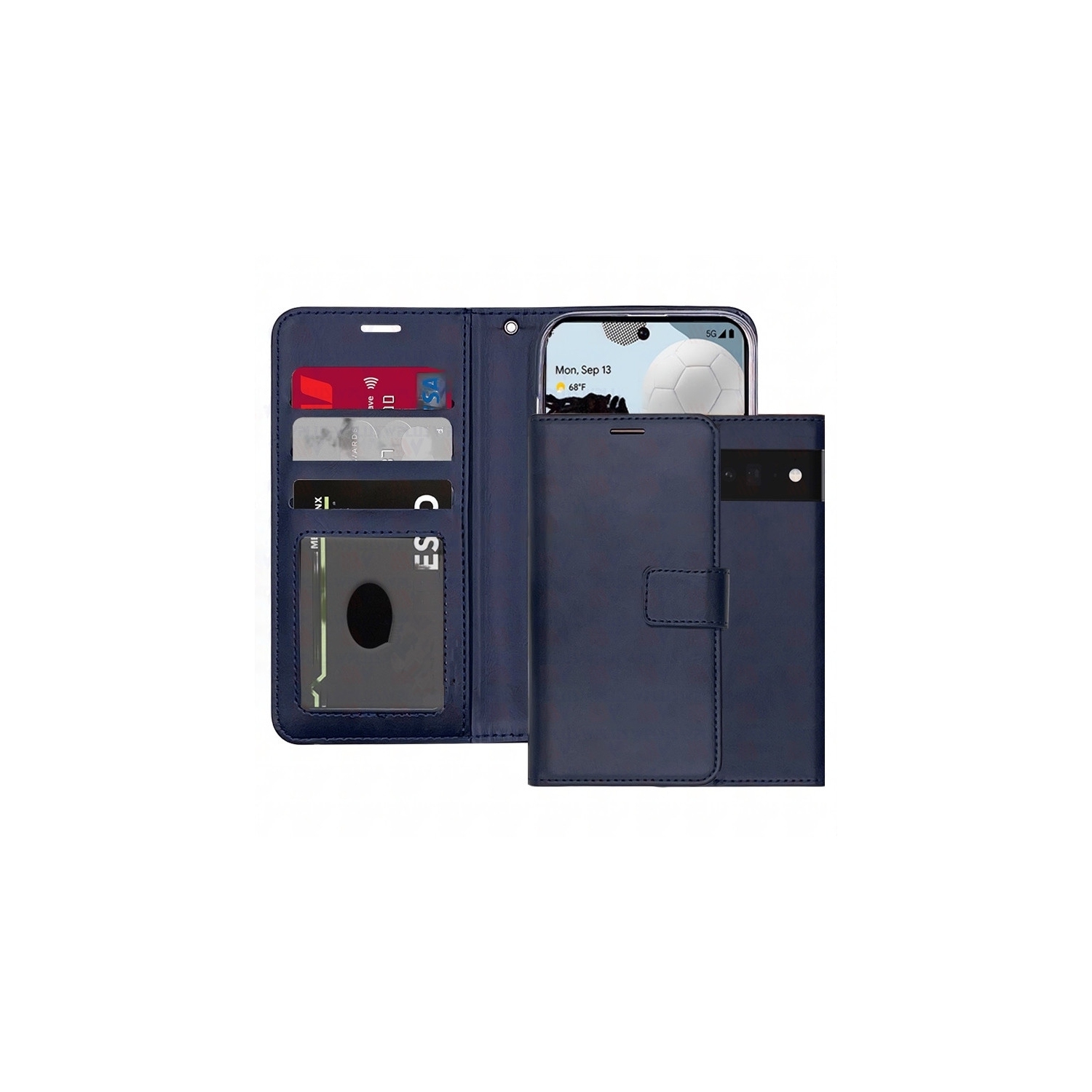 [CS] Magnetic Card Slot Leather Folio Wallet Flip Case Cover for Google Pixel 10 / Pixel 10 Pro, Navy
