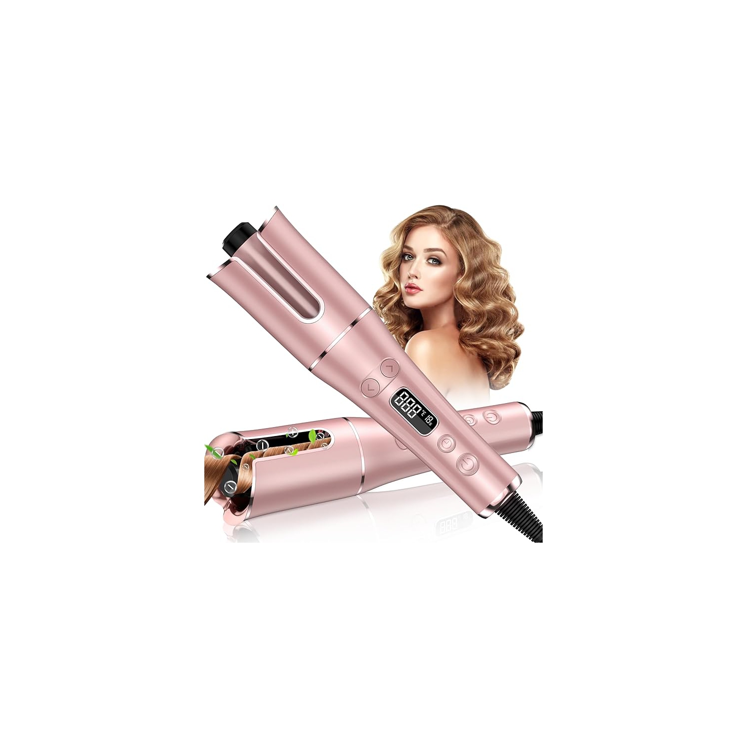 Automatic Curling Iron - Auto Hair Curler with LCD Display 4 Temps and 3 Timer, Curling Wand with Large Rotating Barrel Dual Voltage, Fast Heating
