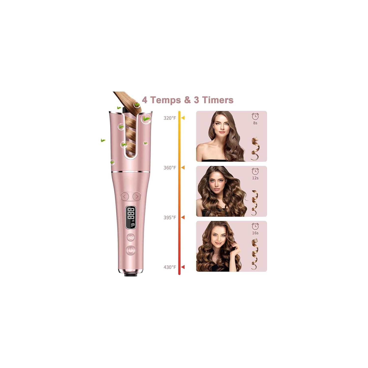Automatic Curling Iron - Auto Hair Curler with LCD Display 4 Temps and 3 Timer, Curling Wand with Large Rotating Barrel Dual Voltage, Fast Heating