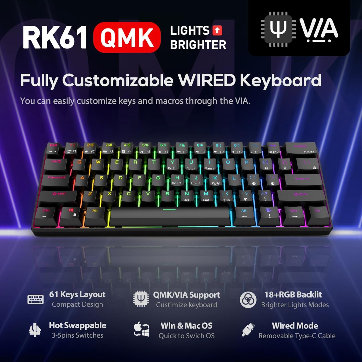 RK ROYAL KLUDGE RK61 Wired 60% Mechanical Gaming Keyboard Programmable QMK/VIA RGB Backlit 61 Keys Ultra-Compact Hot Swappable Blue Switch Black