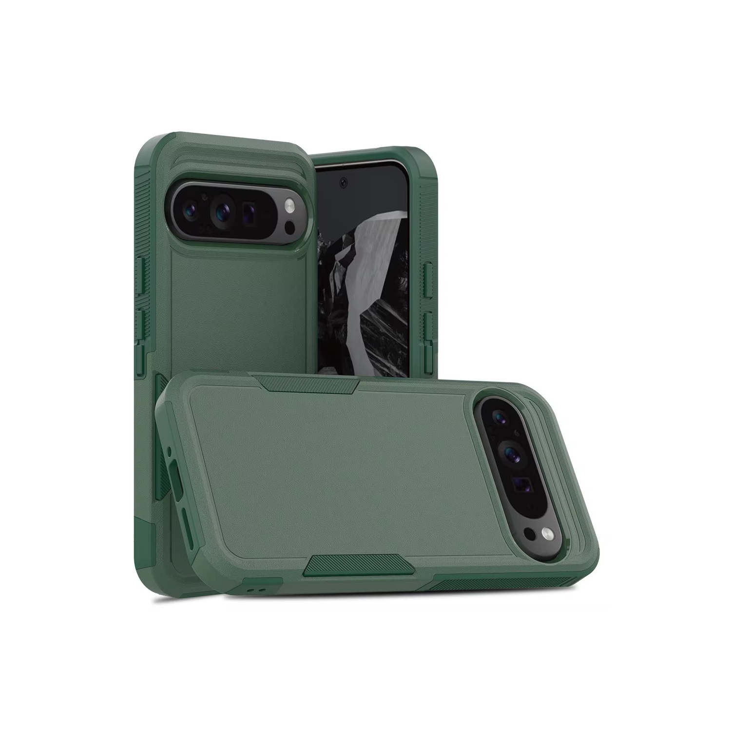 [CS] Dual Layers Heavy Duty Rubber Armor Bumper Hard Case Cover for Google Pixel 10 Pro XL, Midnight Green