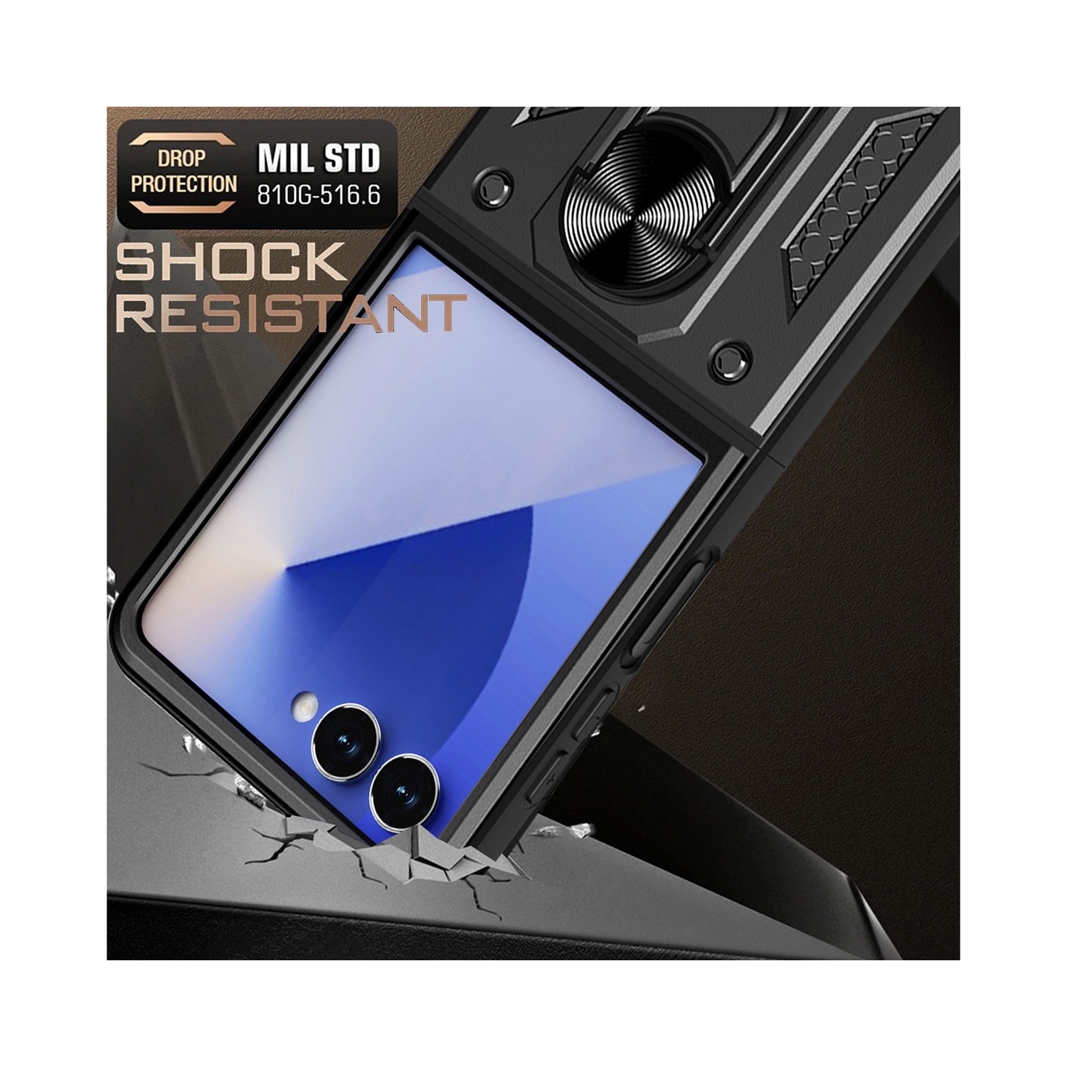 [CS] Étui rigide magnétique hybride avec support pour anneau pour Samsung Galaxy Z Flip 7, noir