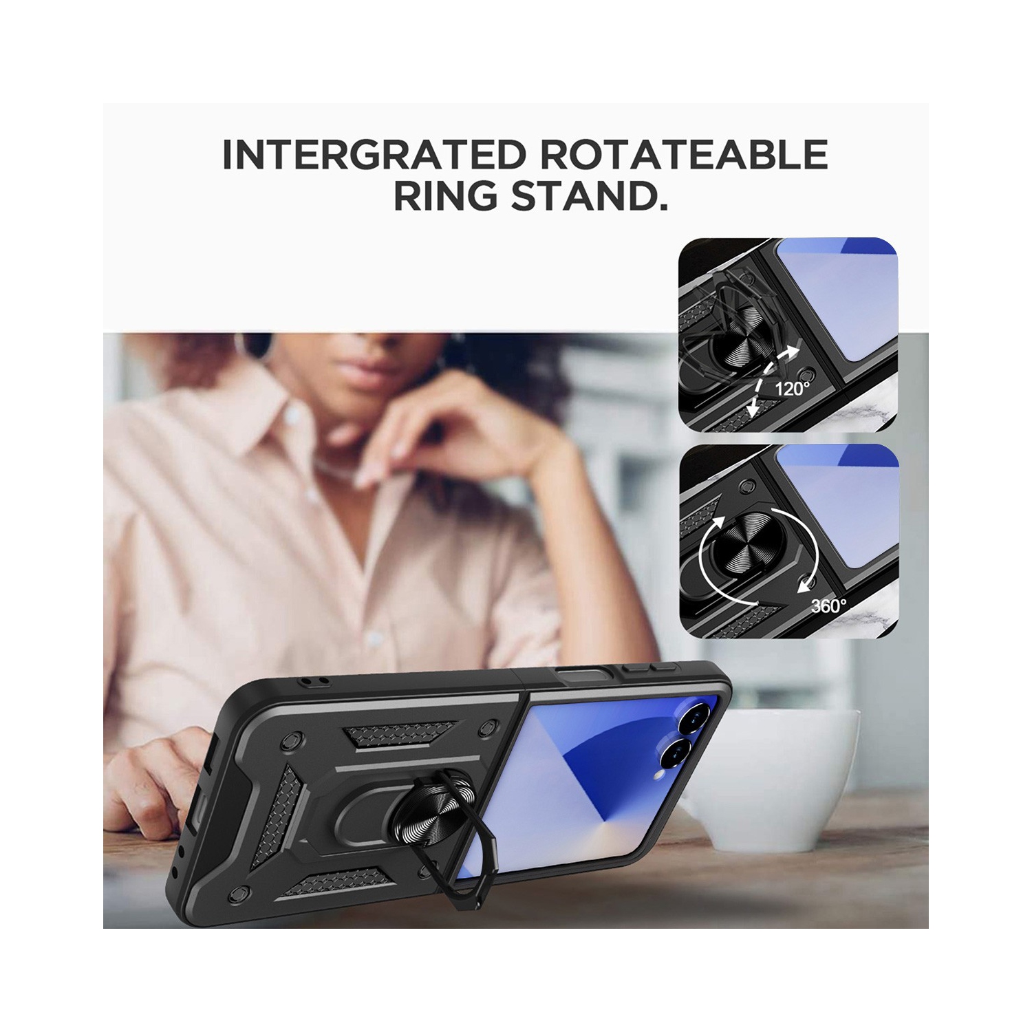 [CS] Étui rigide magnétique hybride avec support pour anneau pour Samsung Galaxy Z Flip 7, noir