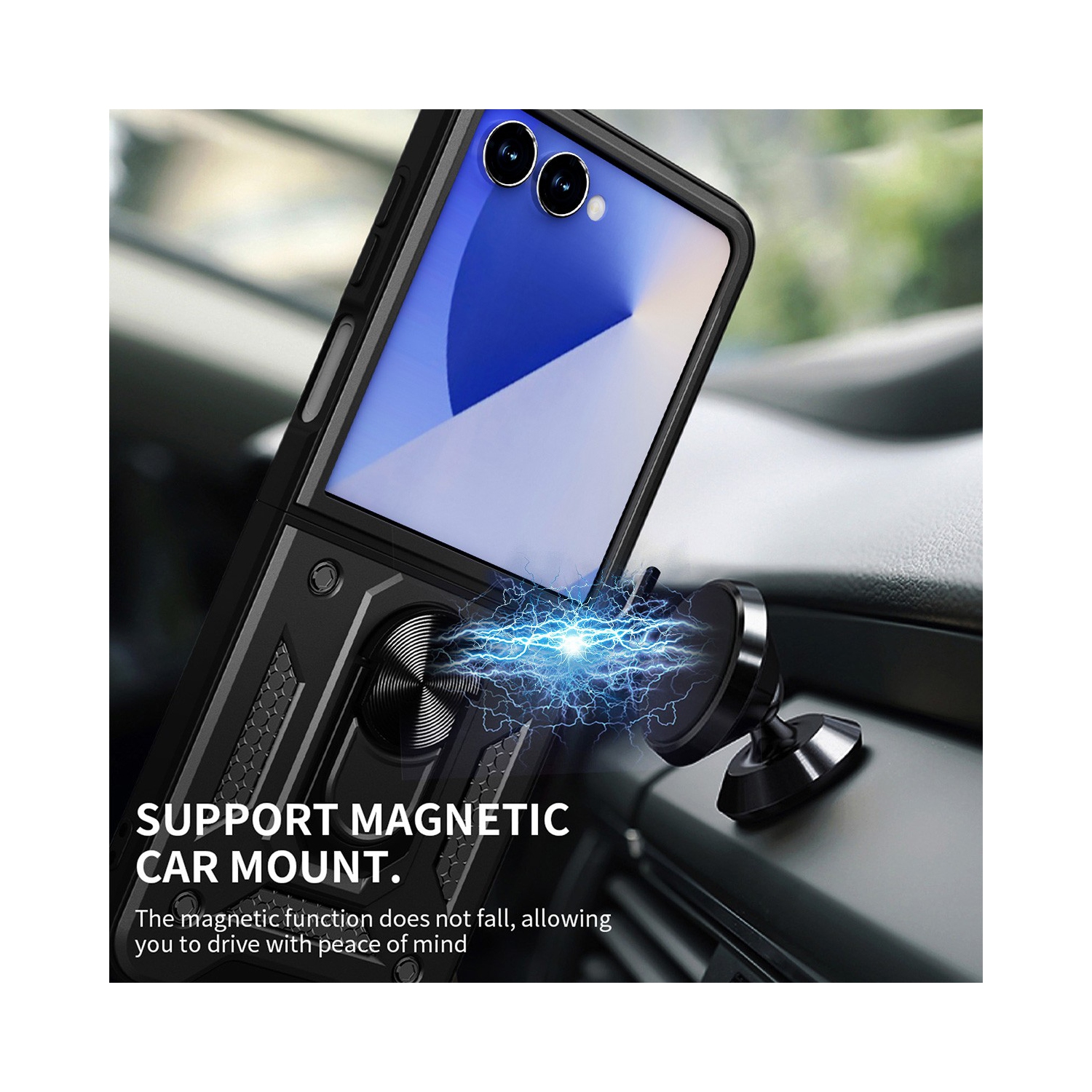 [CS] Étui rigide magnétique hybride avec support pour anneau pour Samsung Galaxy Z Flip 7, vert minuit