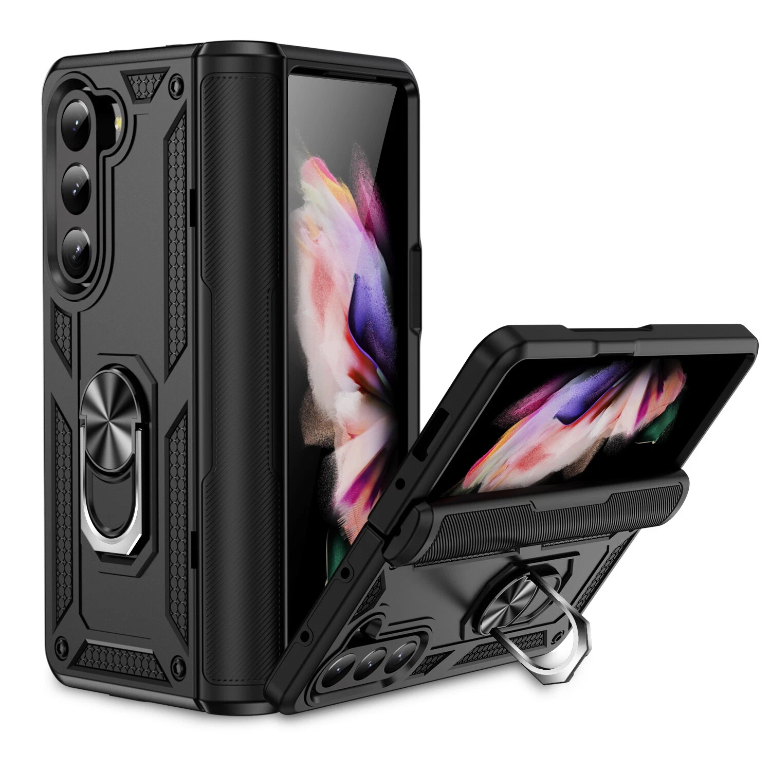 [CS] Hybrid Magnetic Hard Kickstand Case Cover with Ring Holder for Samsung Galaxy Z Fold 7, Black