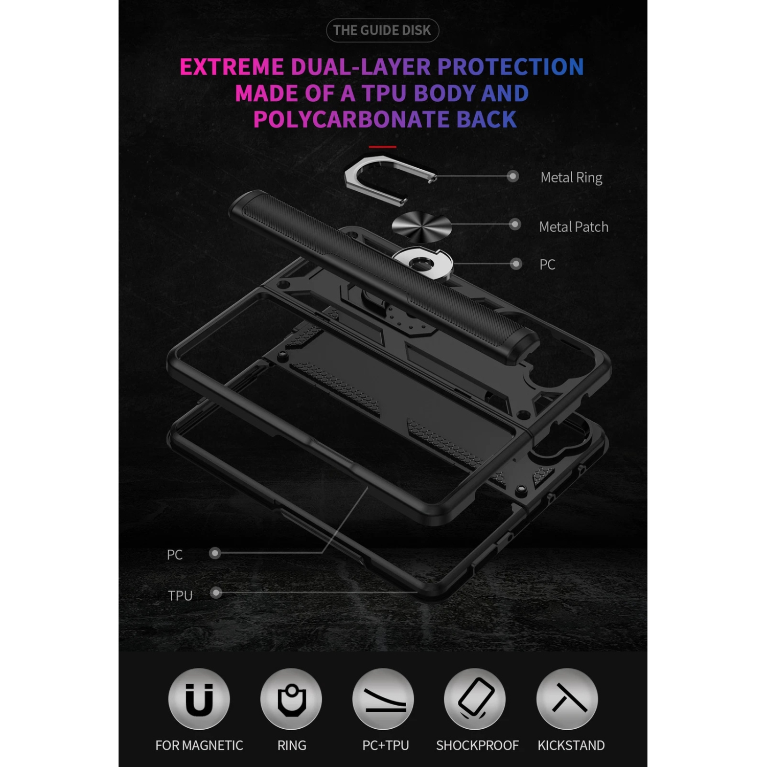 [CS] Hybrid Magnetic Hard Kickstand Case Cover with Ring Holder for Samsung Galaxy Z Fold 7, Black