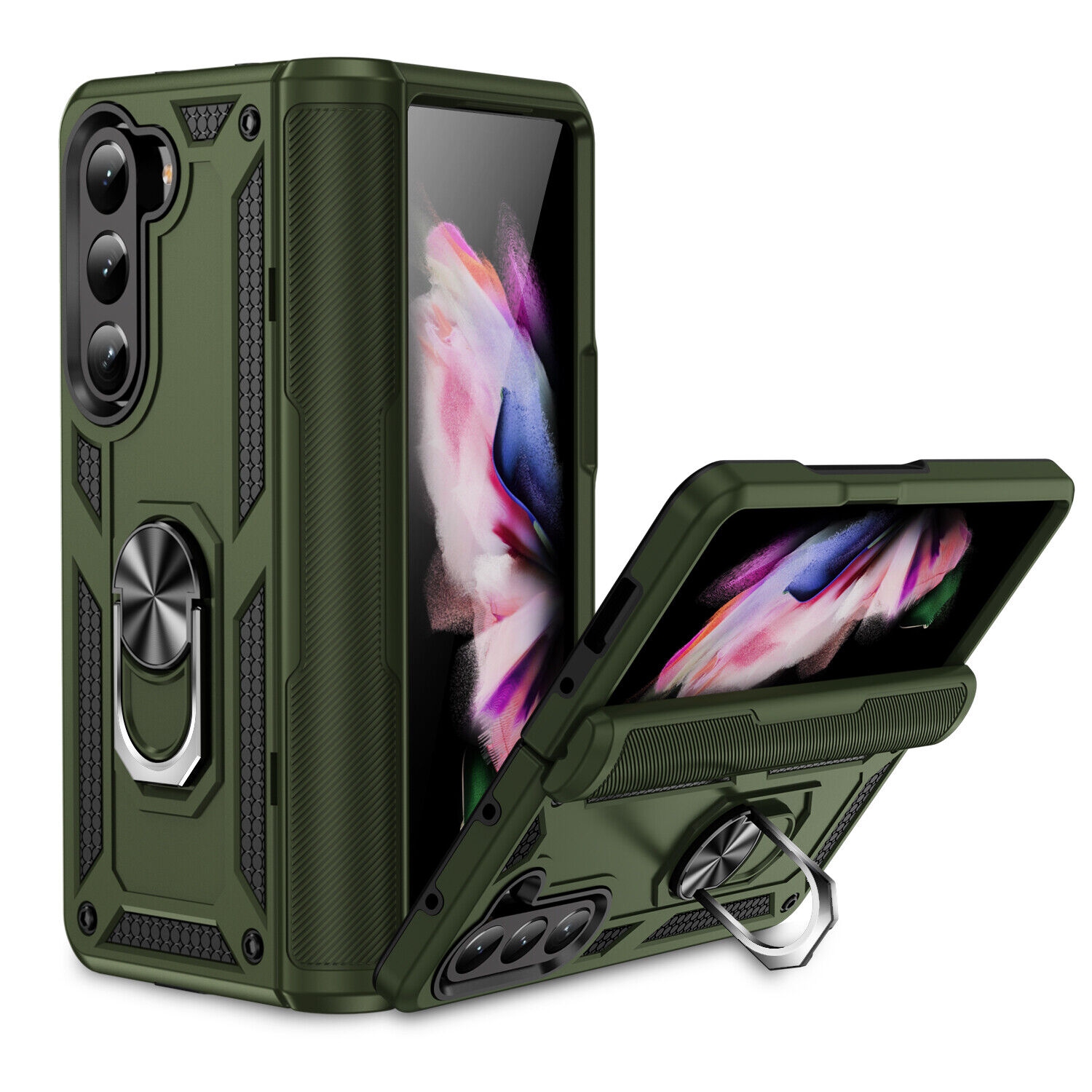 [CS] Hybrid Magnetic Hard Kickstand Case Cover with Ring Holder for Samsung Galaxy Z Fold 7, Midnight Green