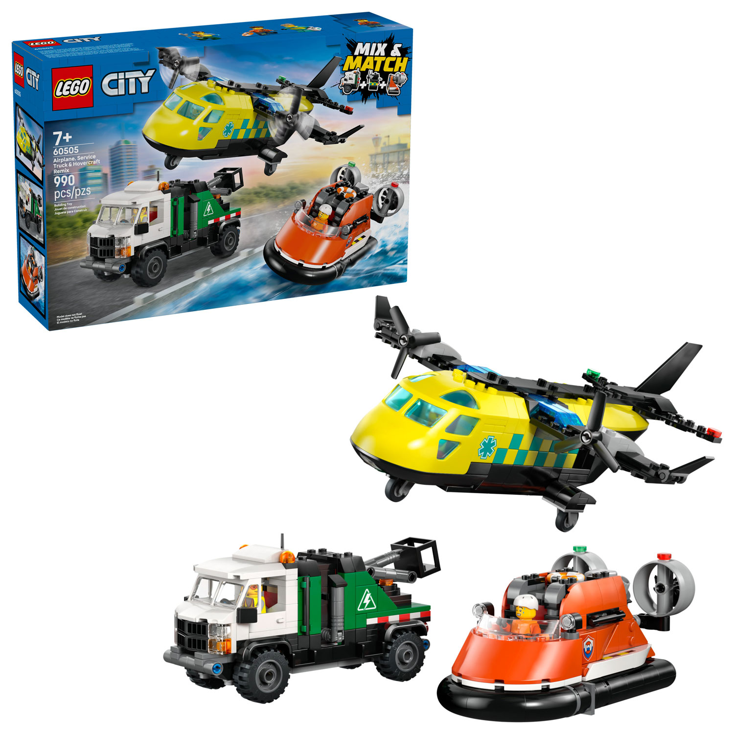LEGO City Great Vehicles : Avion, camion d'assistance et aéroglisseur à combiner - 990 pièces