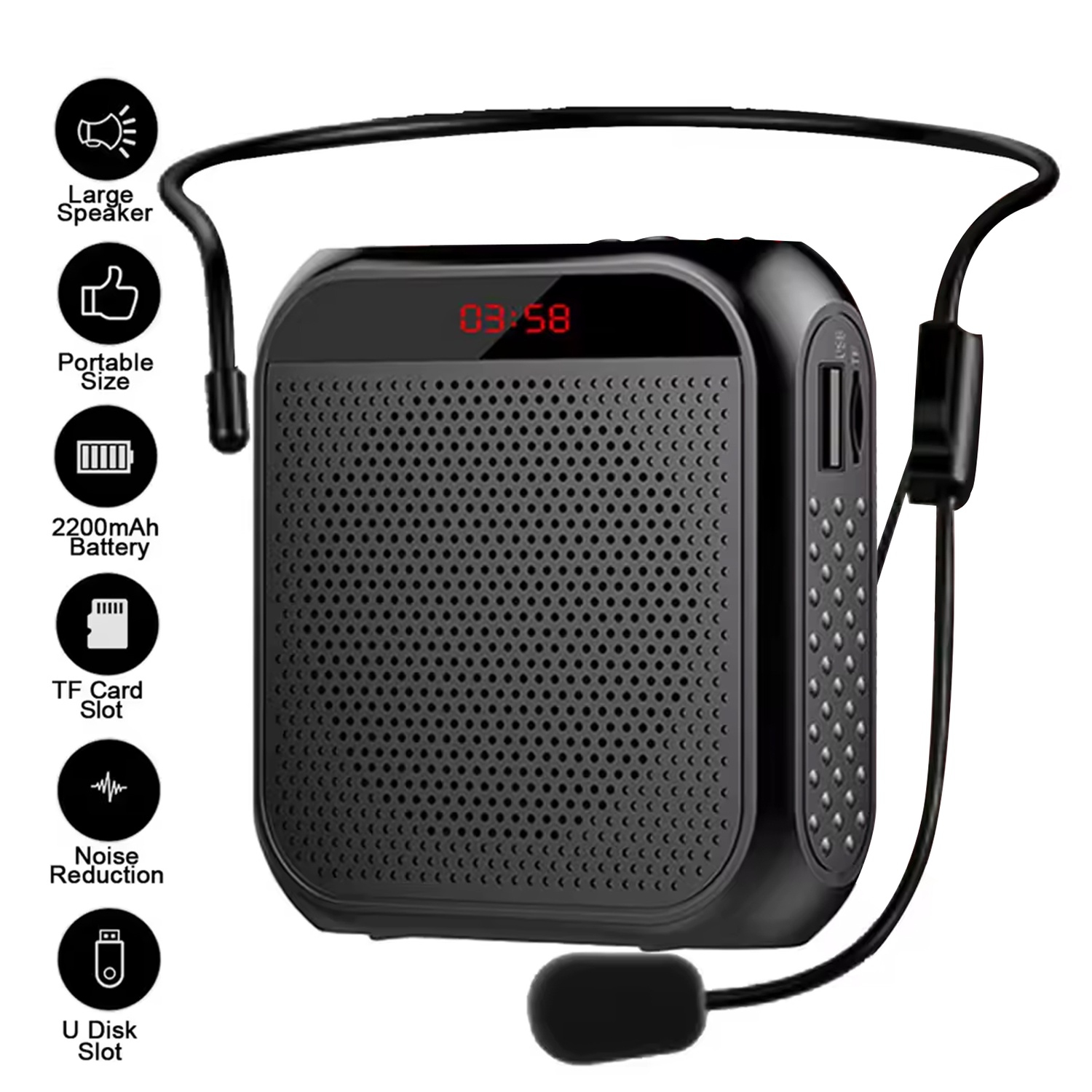 Amplificateur vocal portatif multifonctionnel de 2200 mAh pour voix personnelle avec affichage de microphone pour discours d'enseignants
