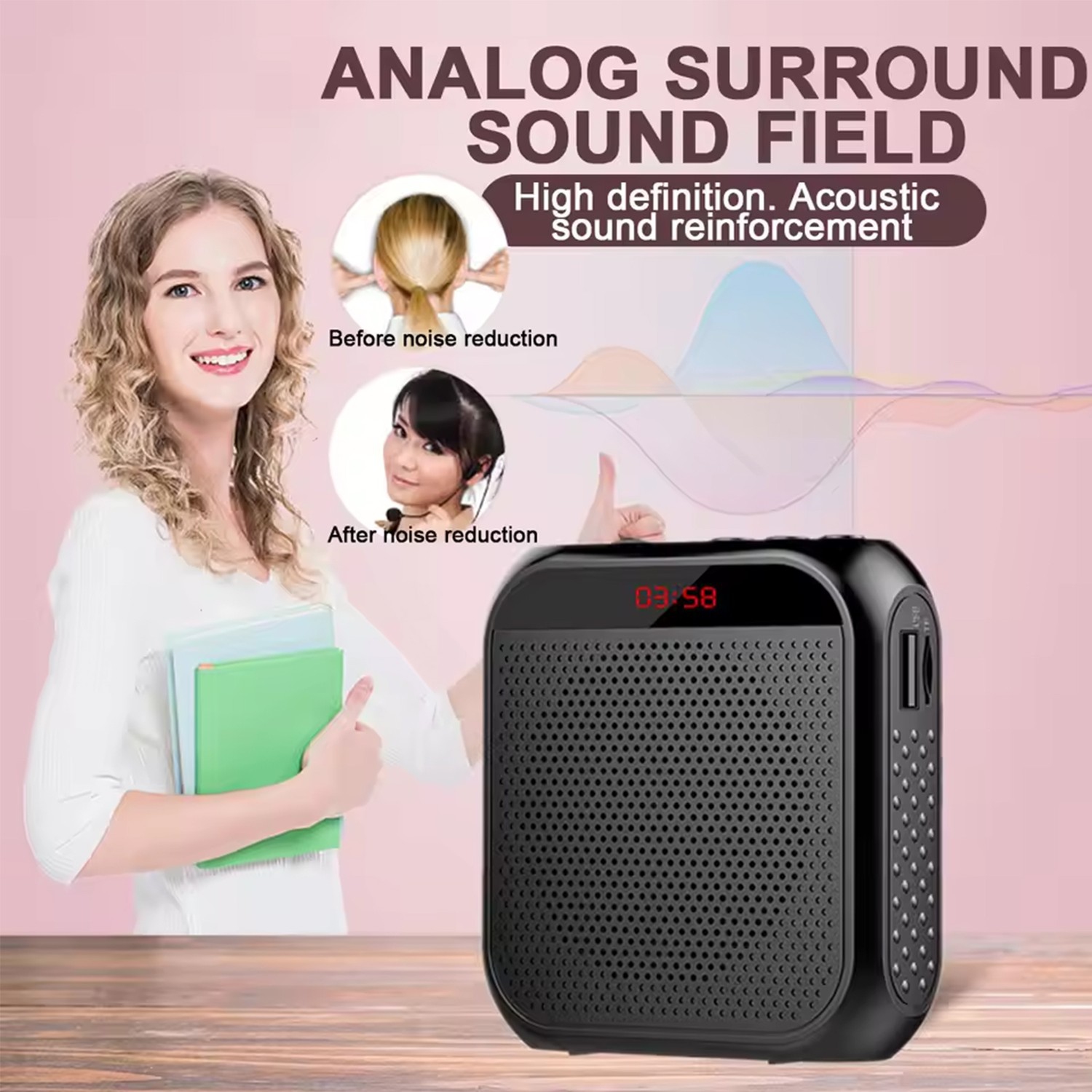 Amplificateur vocal portatif multifonctionnel de 2200 mAh pour voix personnelle avec affichage de microphone pour discours d'enseignants