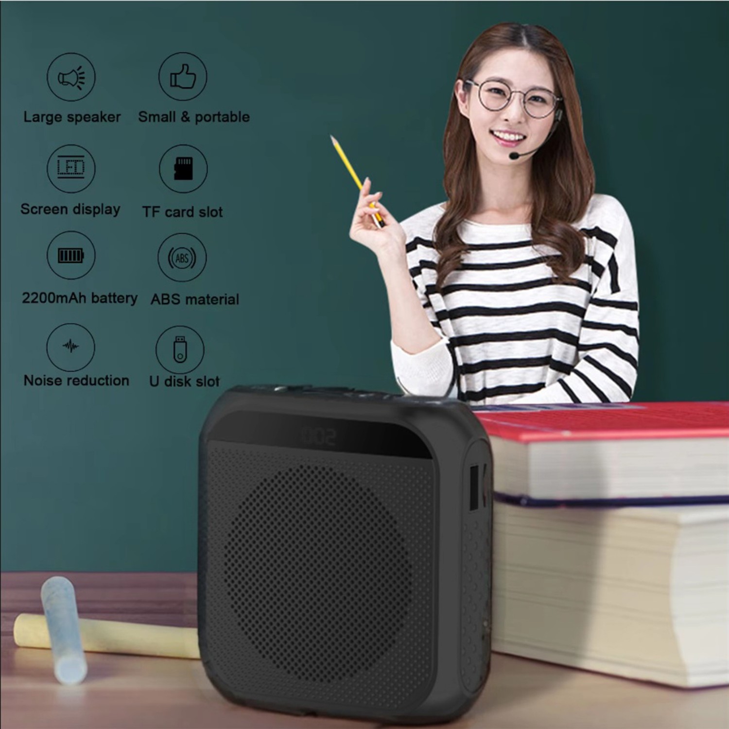 Amplificateur vocal portatif multifonctionnel de 2200 mAh pour voix personnelle avec affichage de microphone pour discours d'enseignants