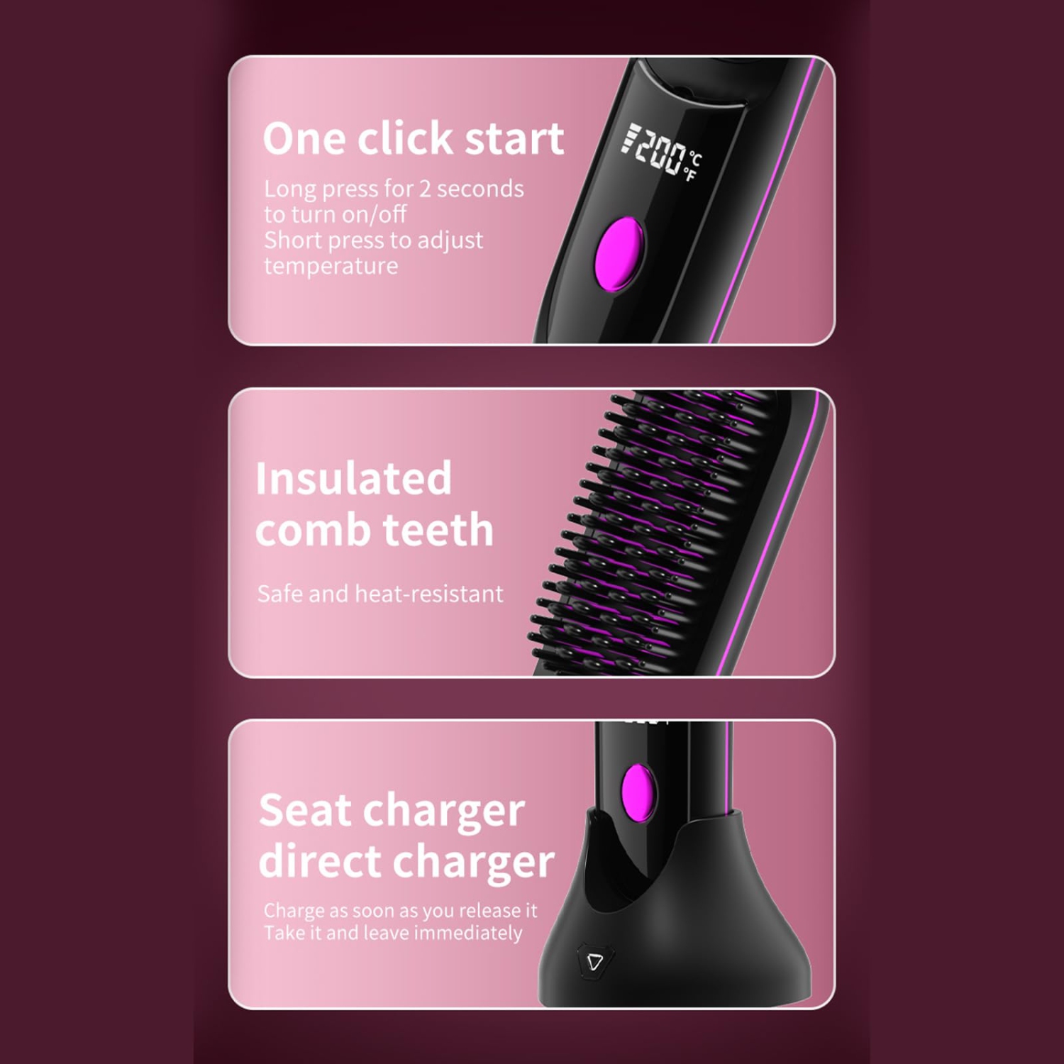Hair Straightening Brush Cordless Hair Straightening Brush Heated Fast Electric Brush Multifunctional Hot Comb Hair with Charging Base