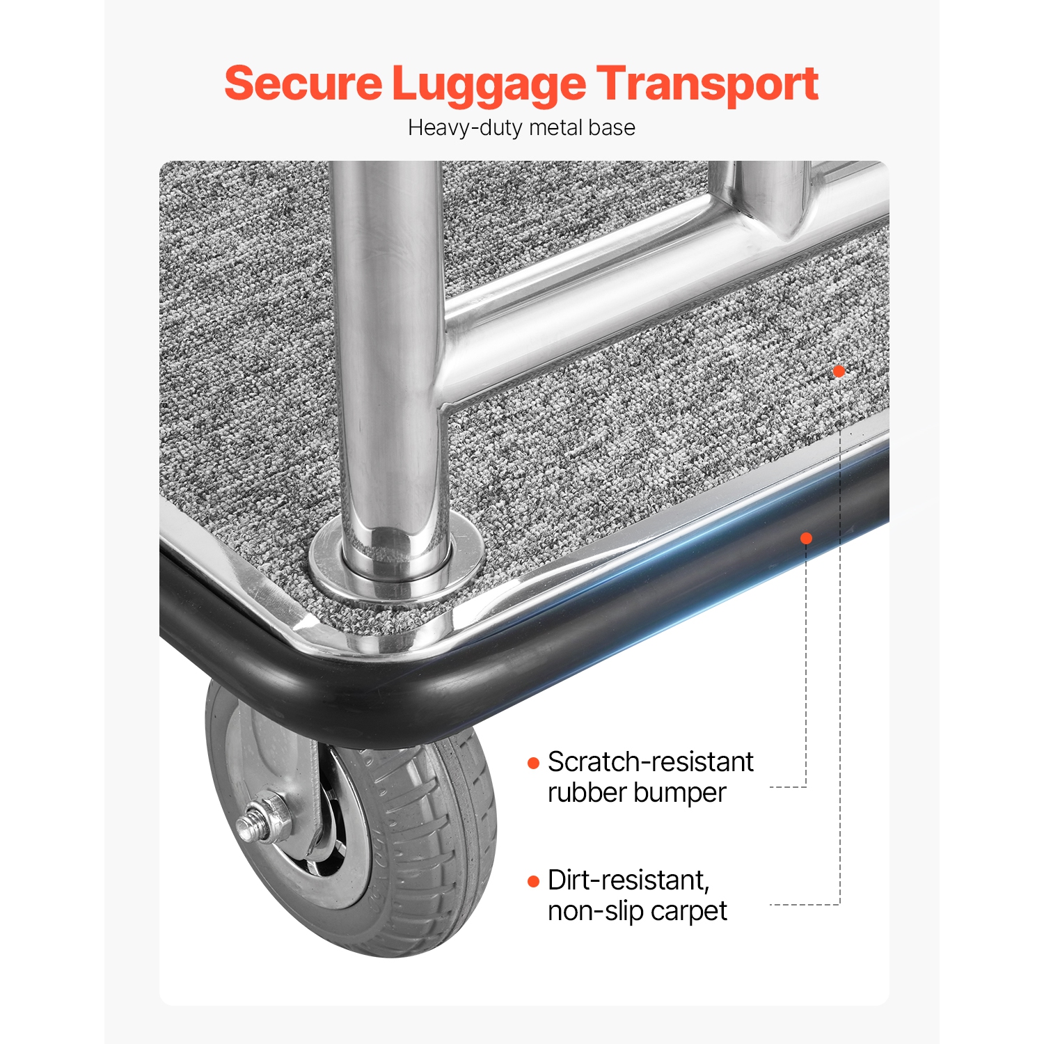 VEVOR 750 LBS Load Capacity Hotel Luggage Cart, Deluxe Platform Truck with Removable Front Frame, Valet Cart with Grey Carpeted Deck and 6-inch