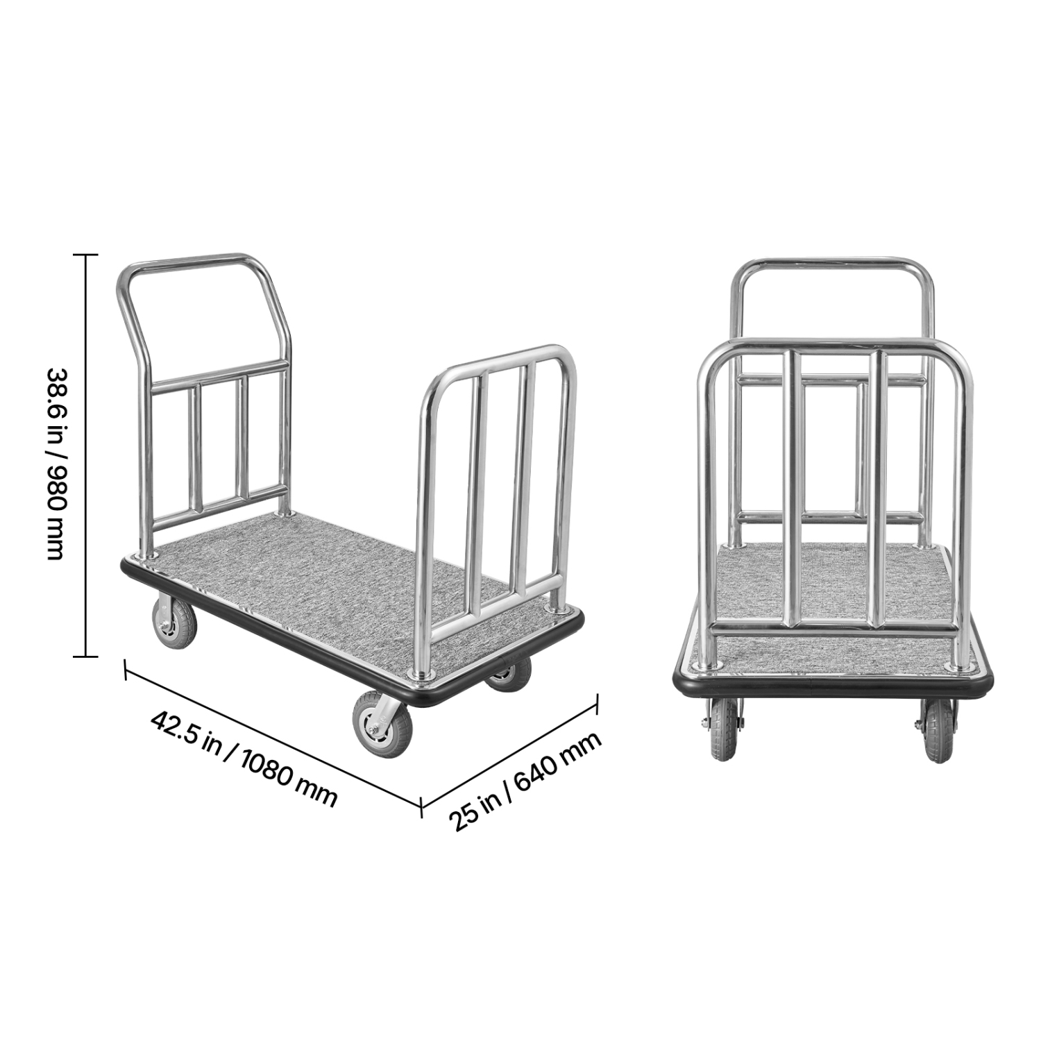 VEVOR 750 LBS Load Capacity Hotel Luggage Cart, Deluxe Platform Truck with Removable Front Frame, Valet Cart with Grey Carpeted Deck and 6-inch