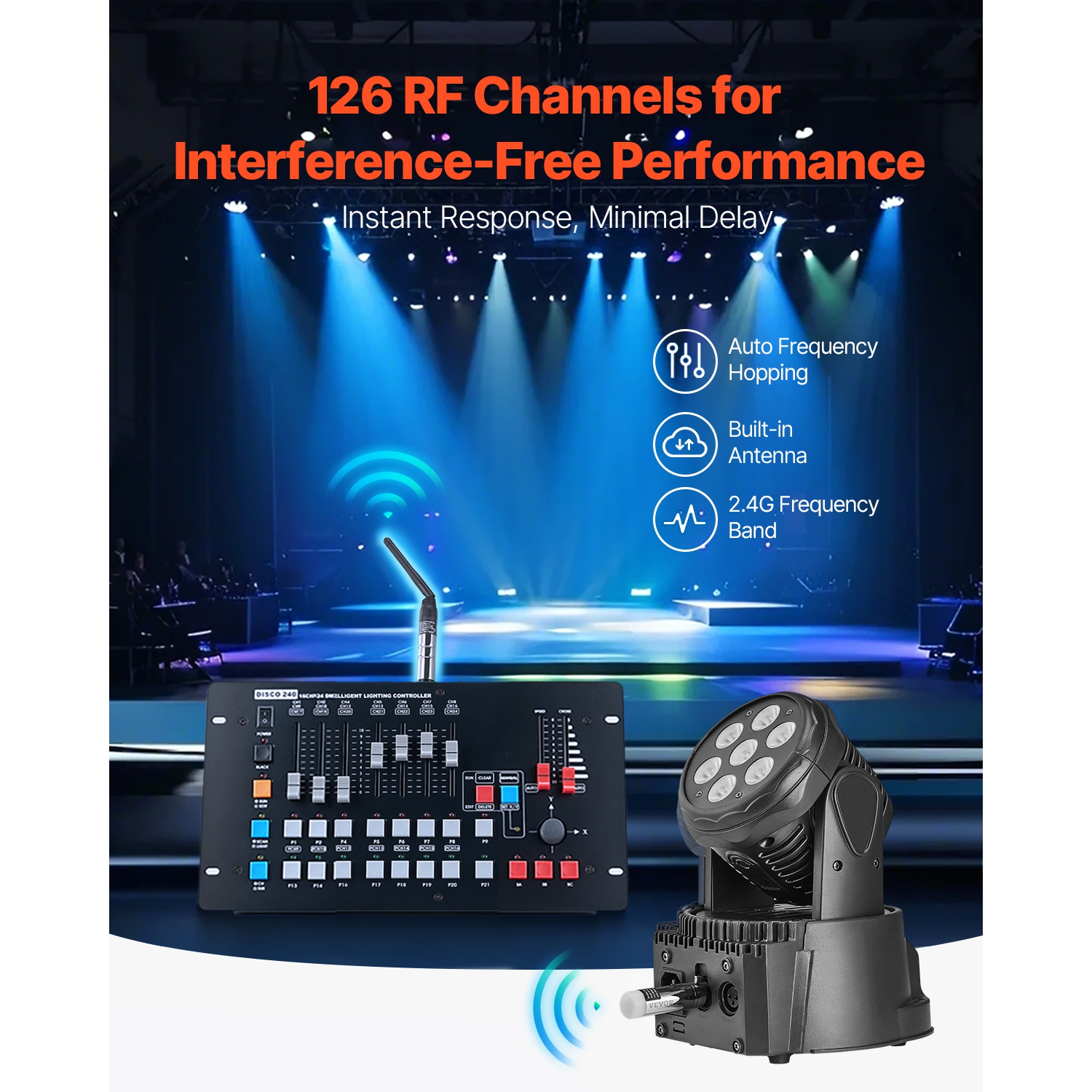 VEVOR 2.4G ISM Band DMX Wireless Receiver, 3 Receivers & 1 Transmitter, 656 ft Transmission Range, with Bag and Adapter, Wireless Stage Lighting