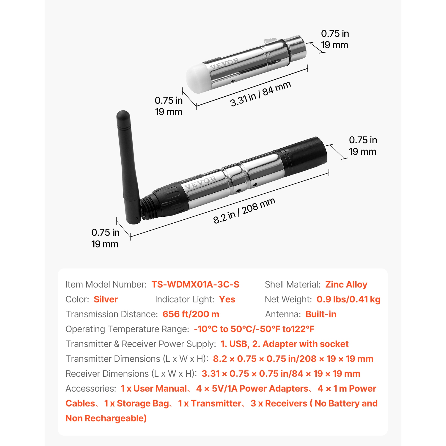 VEVOR 2.4G ISM Band DMX Wireless Receiver, 3 Receivers & 1 Transmitter, 656 ft Transmission Range, with Bag and Adapter, Wireless Stage Lighting