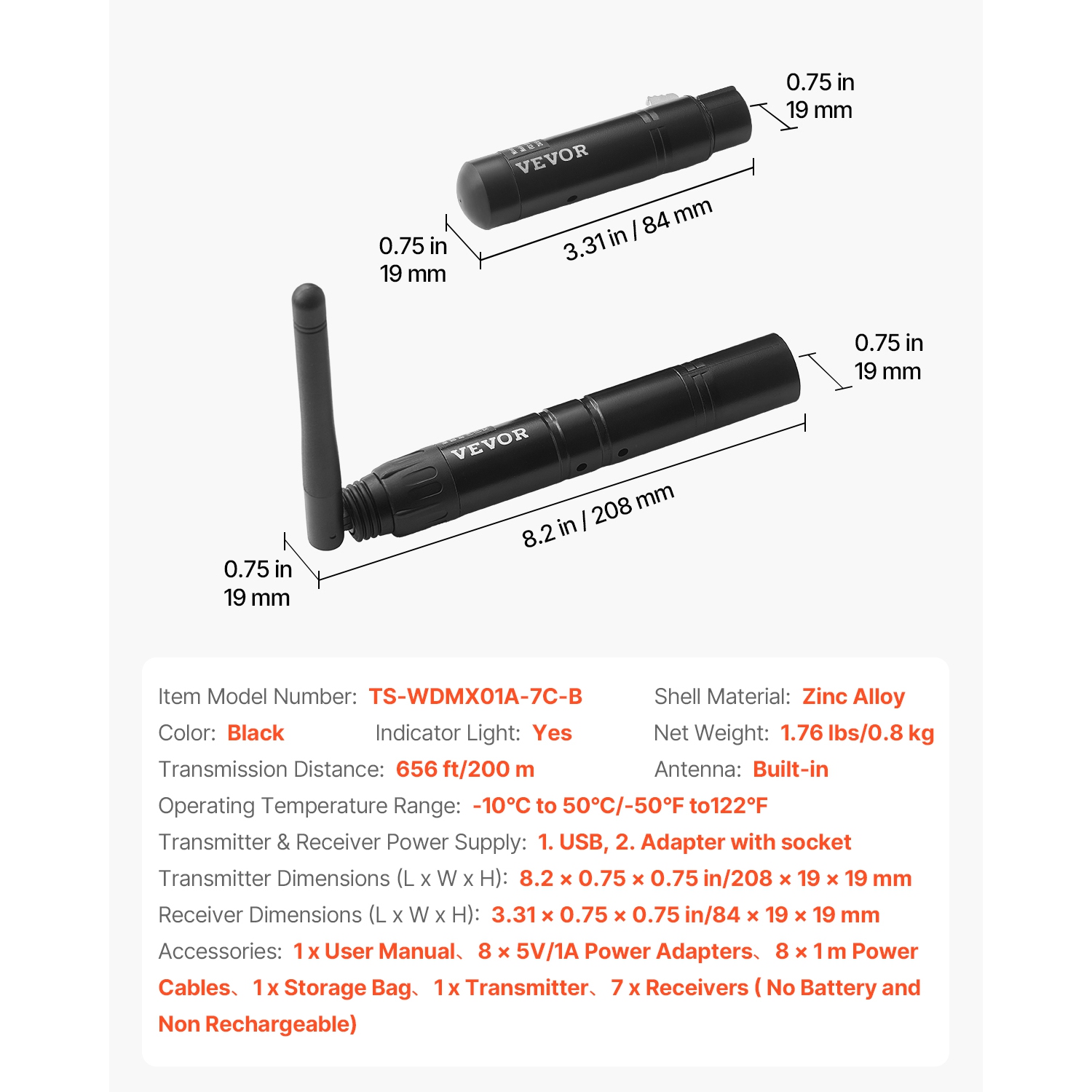 Récepteur sans fil DMX à bande ISM 2,4 GHz VEVOR, 7 récepteurs et 1 émetteur, portée de transmission 656&nbsp;pi, avec sac et adaptateur, commande