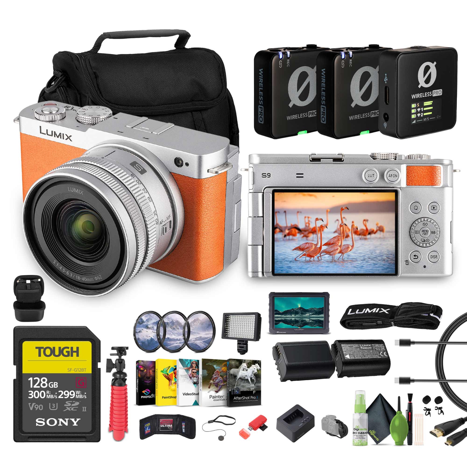 Panasonic Lumix S9 Camera with 18-40mm f/4.5-6.3 Lens(Orange), 128GB Memory Card