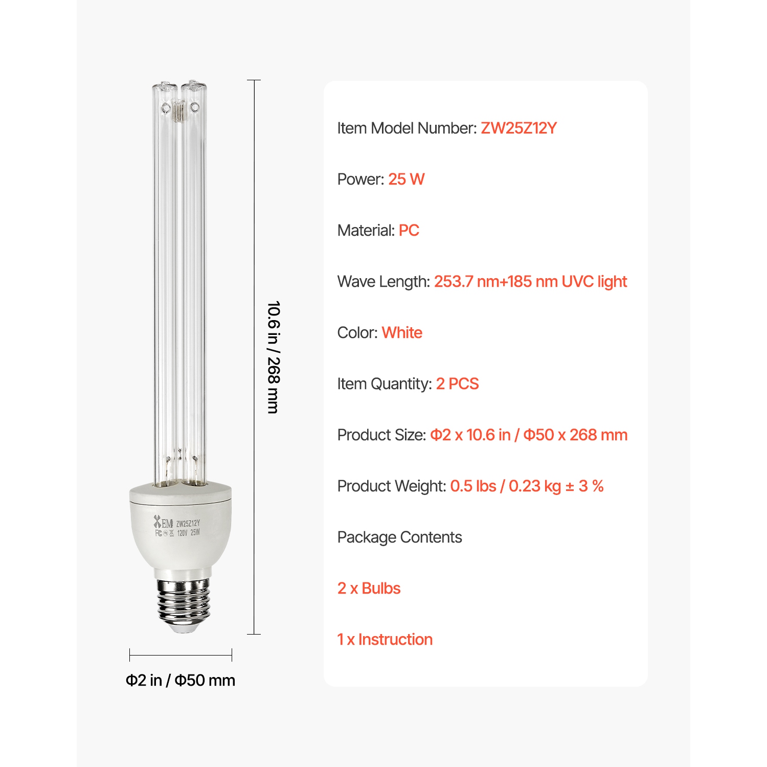 Paquet de 2 ampoules UV VEVOR, lampe UV UV de rechange 25&nbsp;W avec Ozone, ampoule UVO 253,7&nbsp;nm + 185&nbsp;nm longueur d'onde, universel E27,