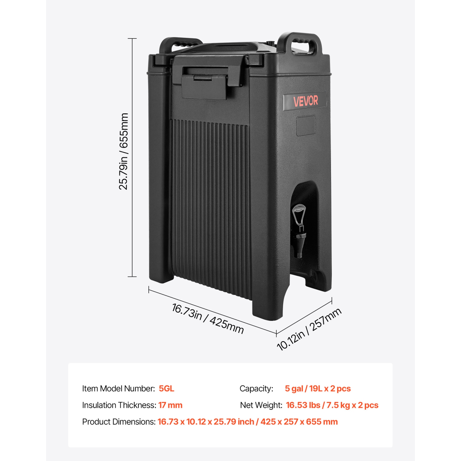 VEVOR 5 Gal/19L Insulated Beverage Dispenser,Hot and Cold Beverage Server with Spigot & Handle, Food-Grade Thermal Drink Dispenser Cooler for Tea