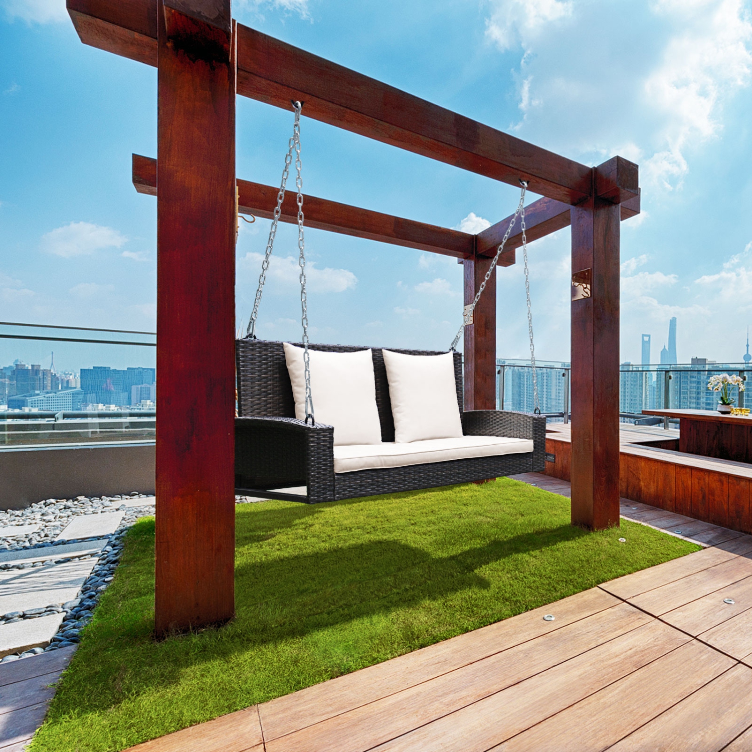 Coussin de chaise de patio suspendu en rotin pour banc pivotant 2&nbsp;personnes de Costway