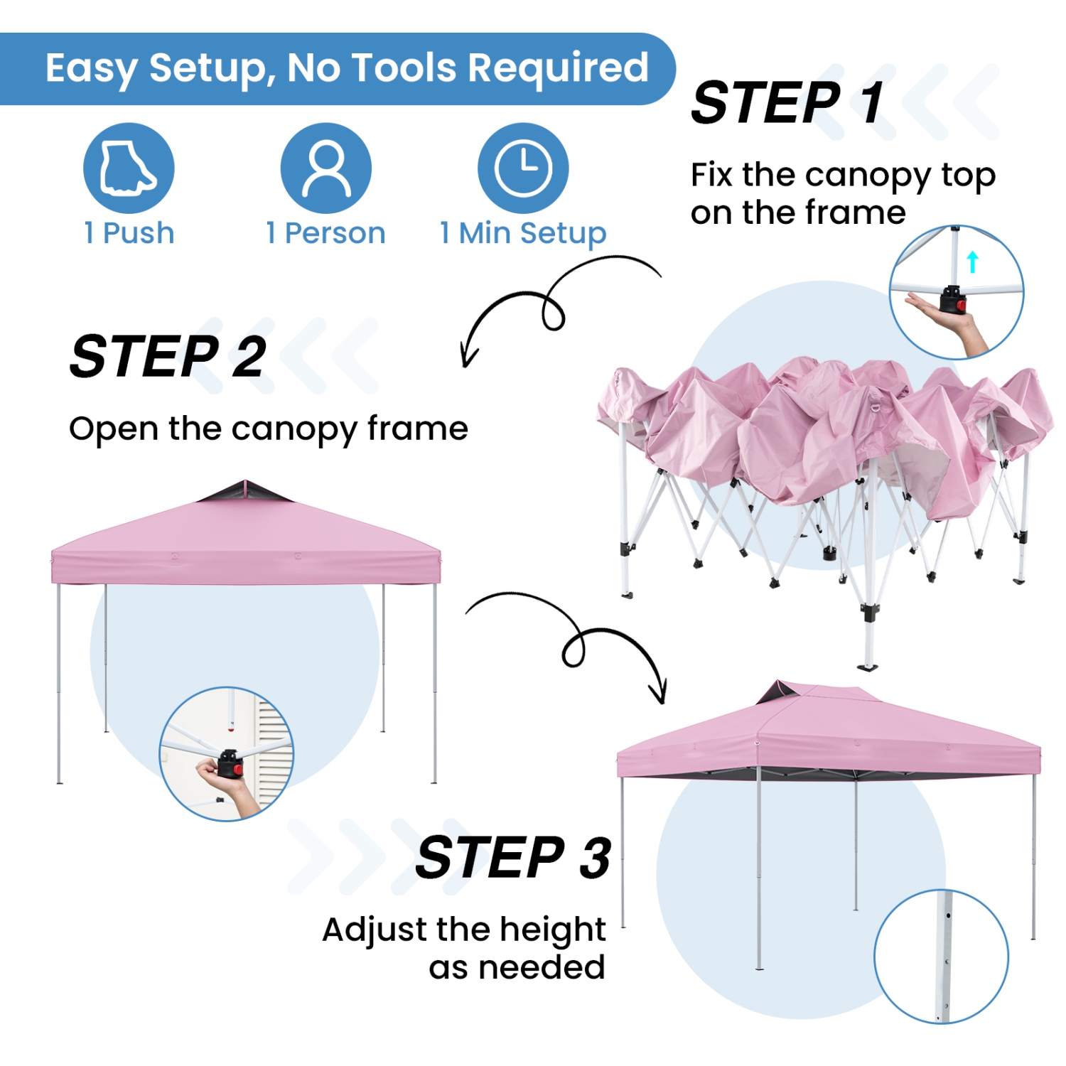 Costway 10 X 10 FT 1-Person Setup Pop up Canopy Tent with 1-Push Center Lock Wind Ropes Blue/Pink/Gray/Navy/White
