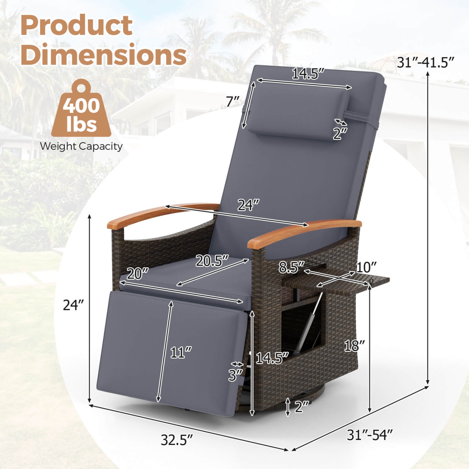 Costway Outdoor 360° Swivel Rattan Recliner Chair Patio Wicker Chaise Lounge Chair