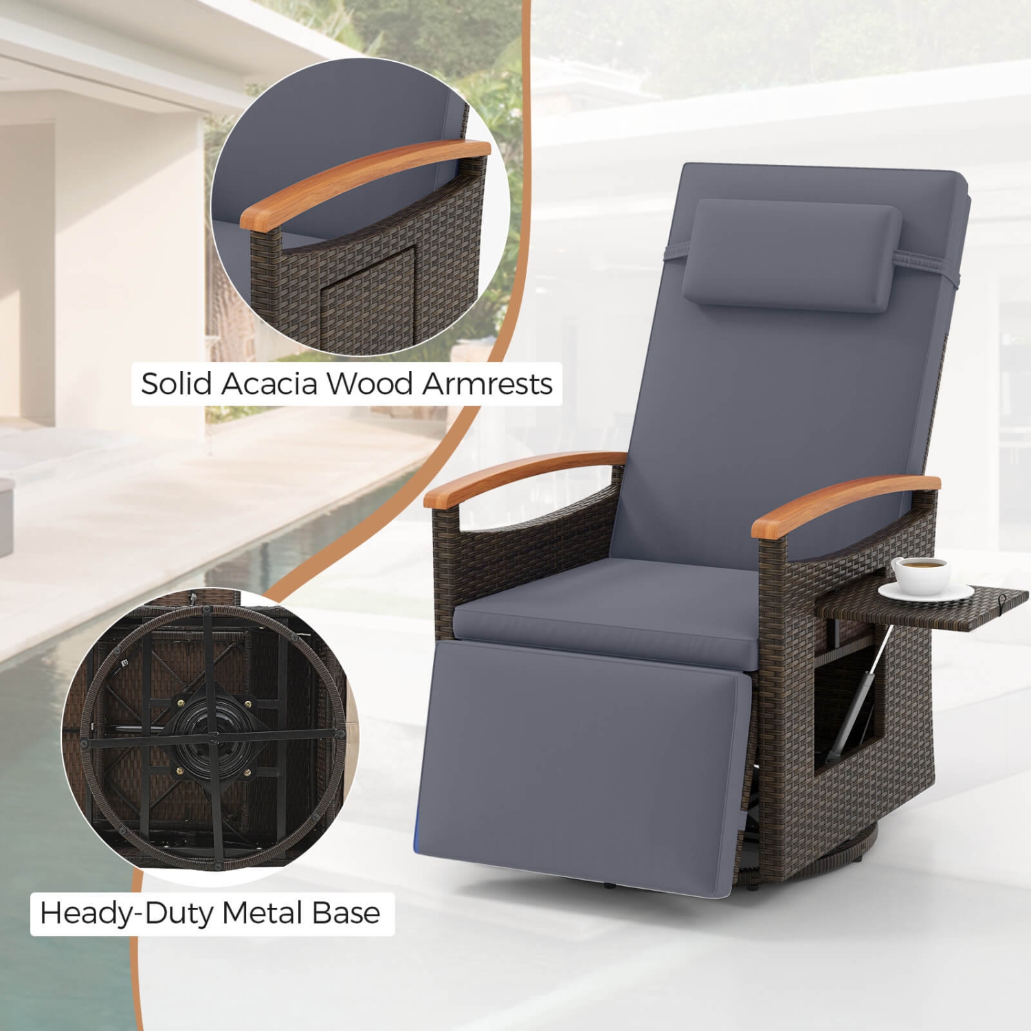 Costway Outdoor 360° Swivel Rattan Recliner Chair Patio Wicker Chaise Lounge Chair