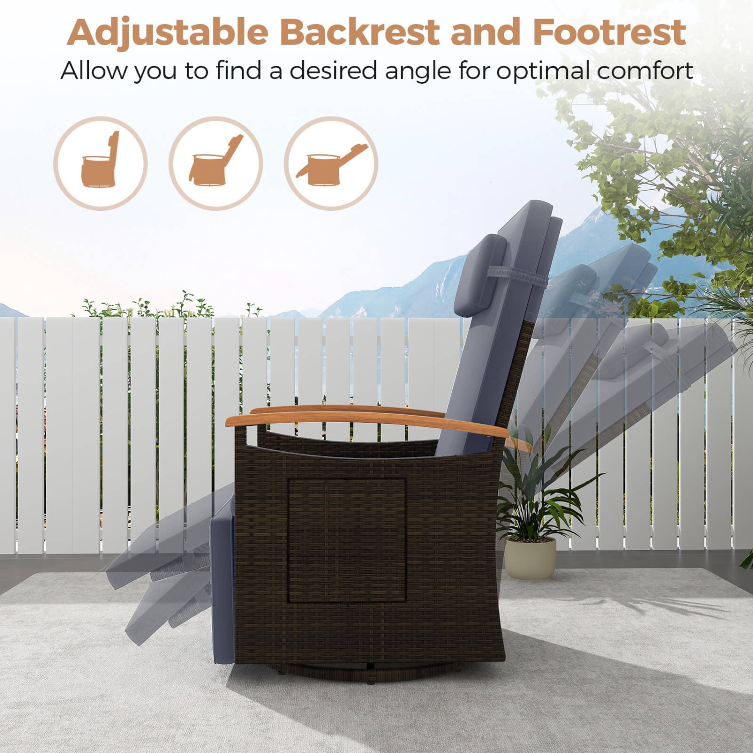 Costway Outdoor 360° Swivel Rattan Recliner Chair Patio Wicker Chaise Lounge Chair