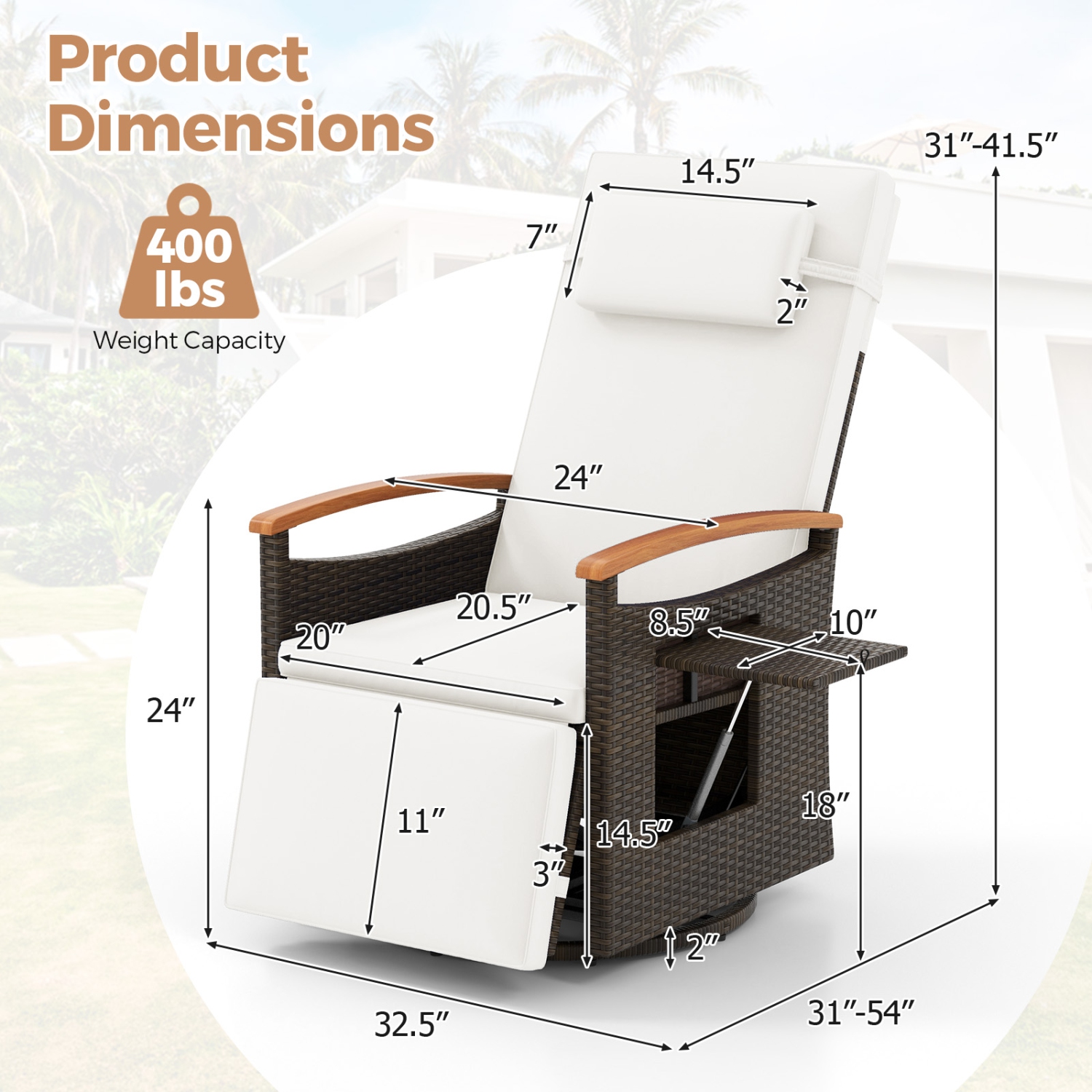 Costway Outdoor 360° Swivel Rattan Recliner Chair Patio Wicker Chaise Lounge Chair